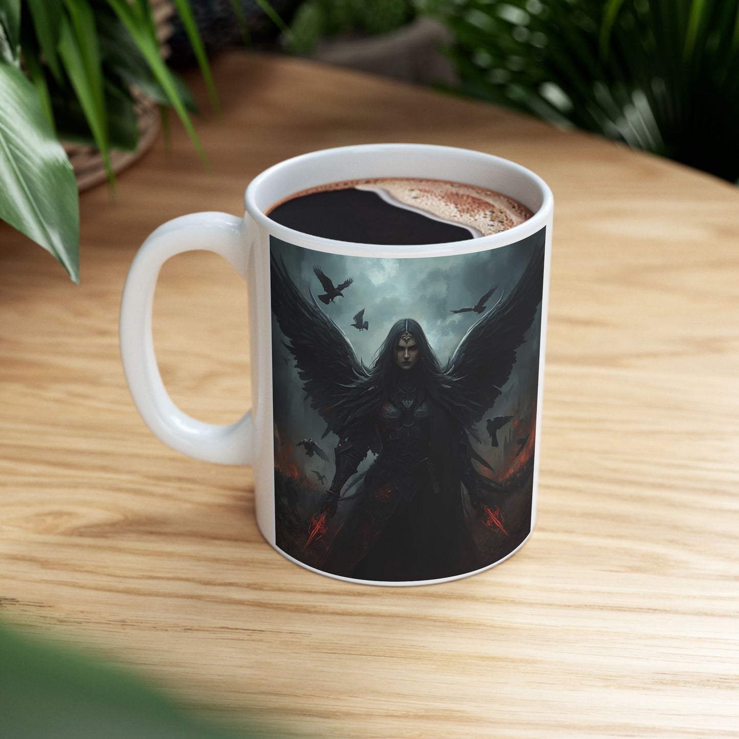 Morrigan – Celtic Goddess Coffee Mug - white cup with Morrigan image