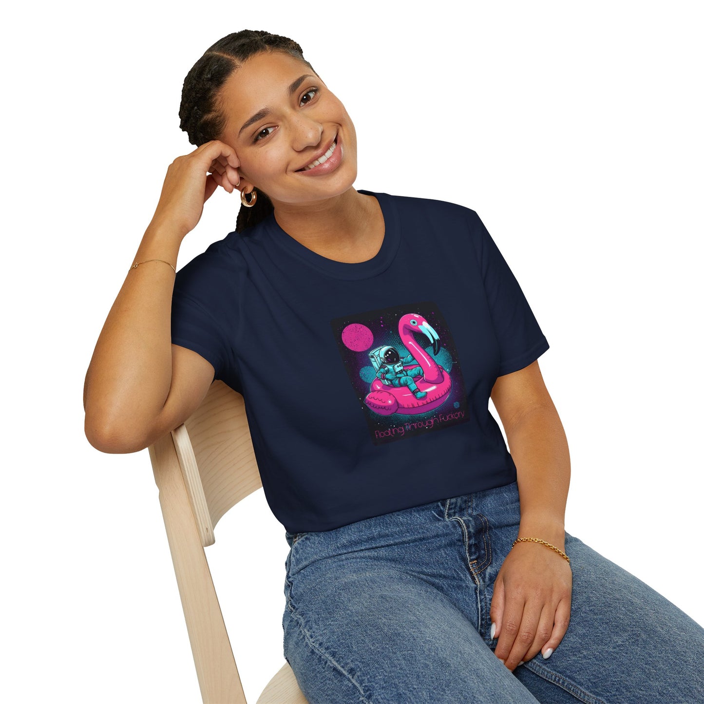Floating Through Fckery T-Shirt – Surreal Astronaut Flamingo Space Tee