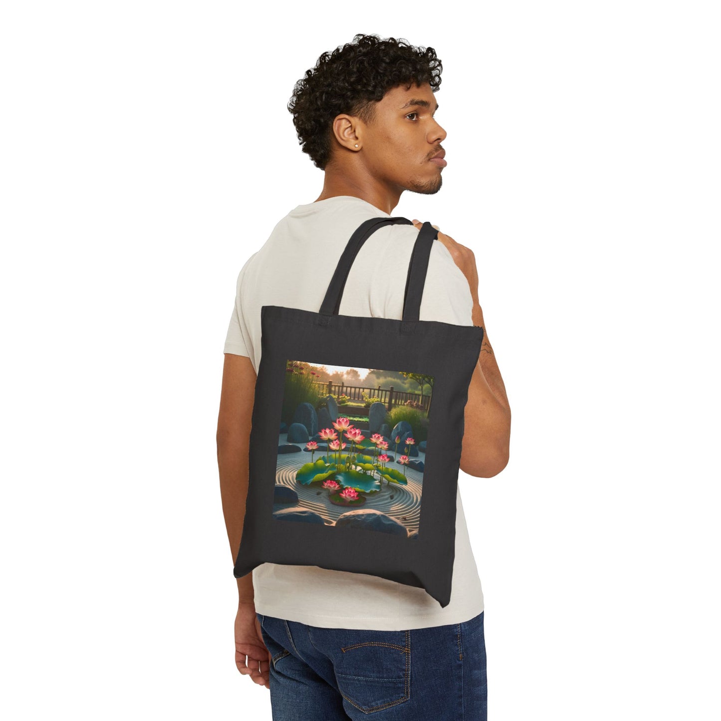 Garden of Stillness Canvas Tote Bag in Black