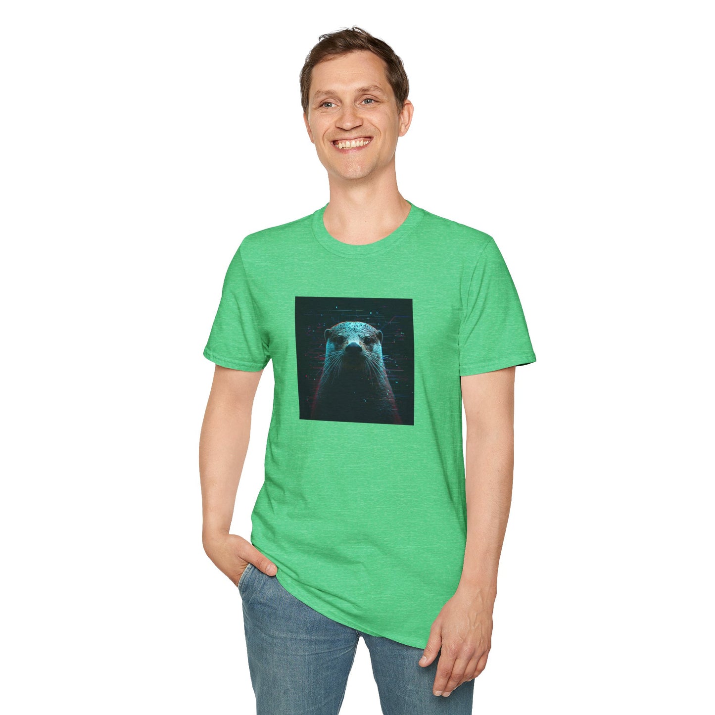 Pixellated Otter — Otterly Retro Gamer Tee in Heather Irish Green