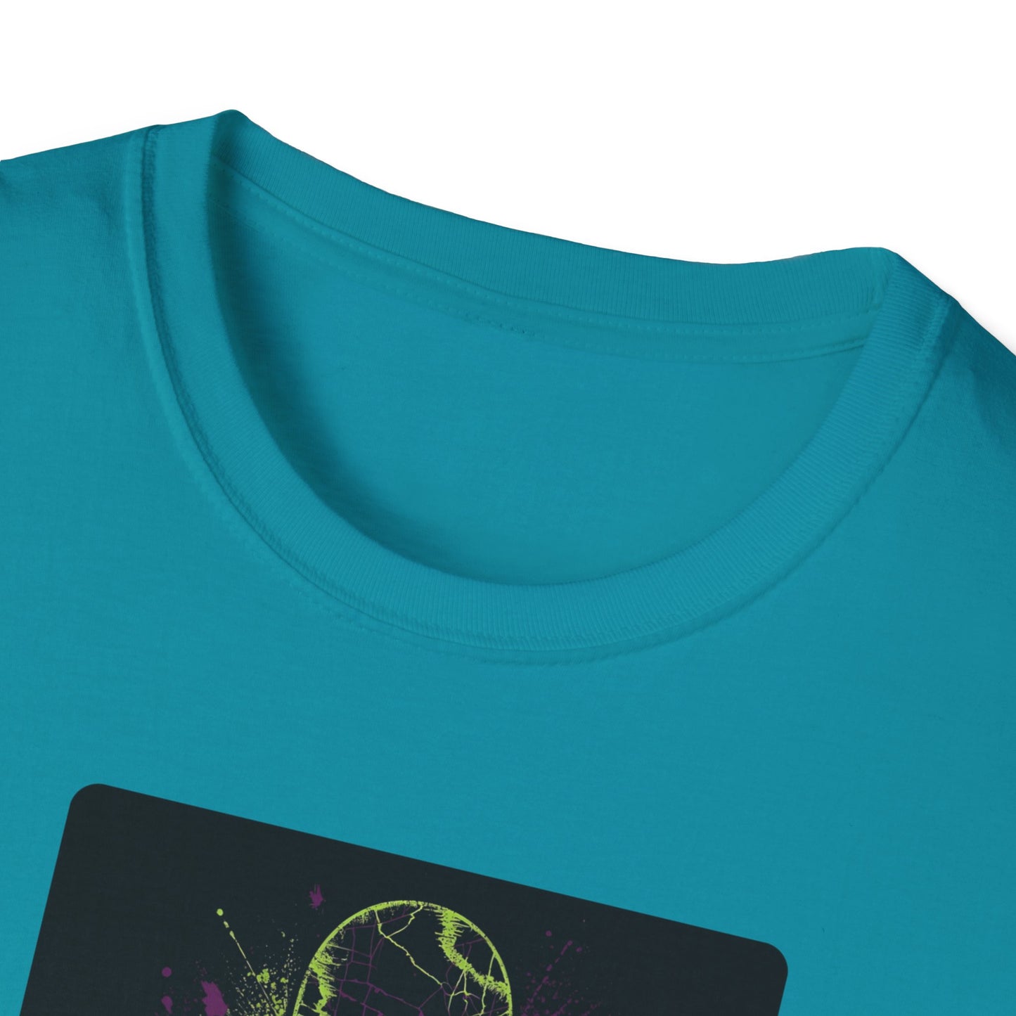 Neon Skull Skateboard – Electric Street Rebel T-Shirt in Tropical Blue -Neckline