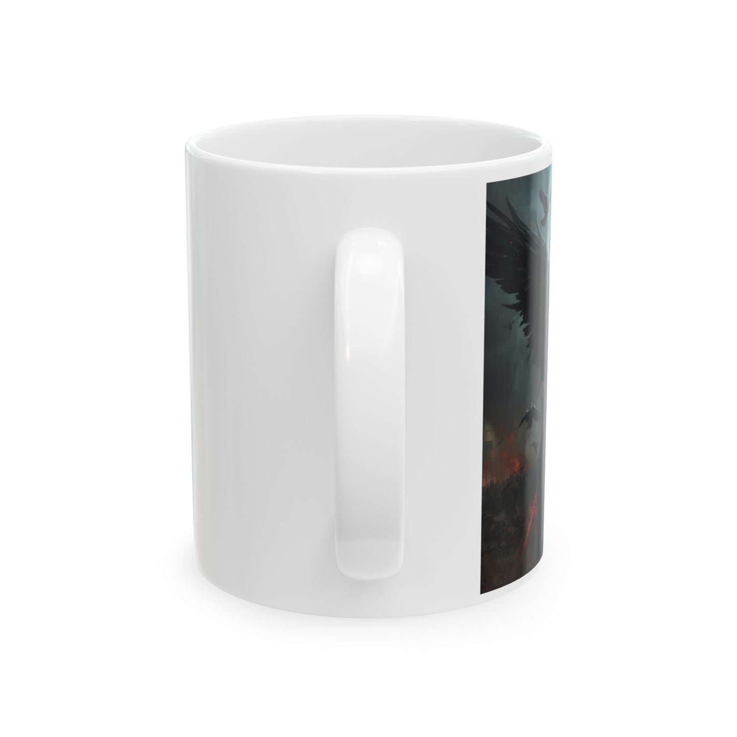 Morrigan – Celtic Goddess Coffee Mug - side view - white cup with Morrigan image
