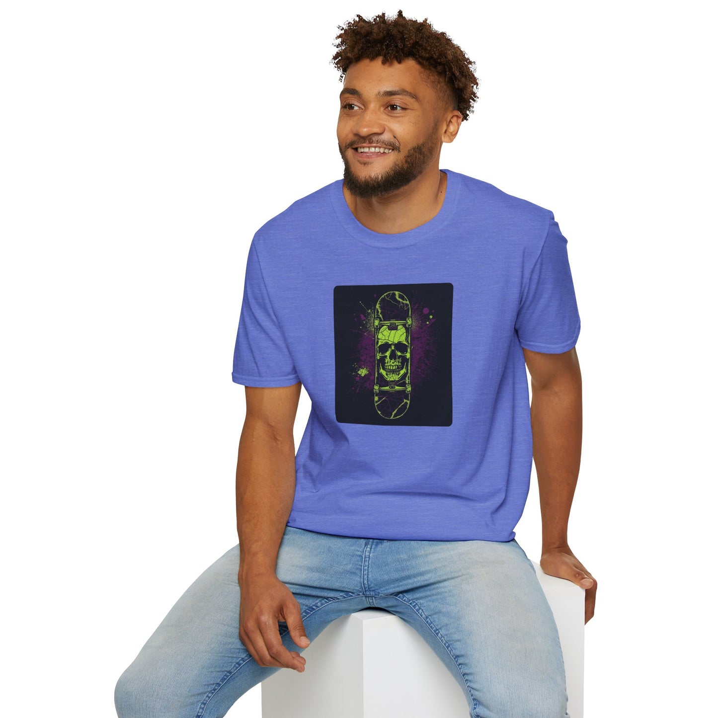 Neon Skull Skateboard – Electric Street Rebel T-Shirt in Heather Royal