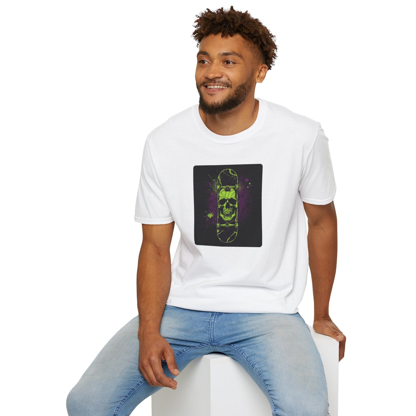 Neon Skull Skateboard – Electric Street Rebel T-Shirt in White