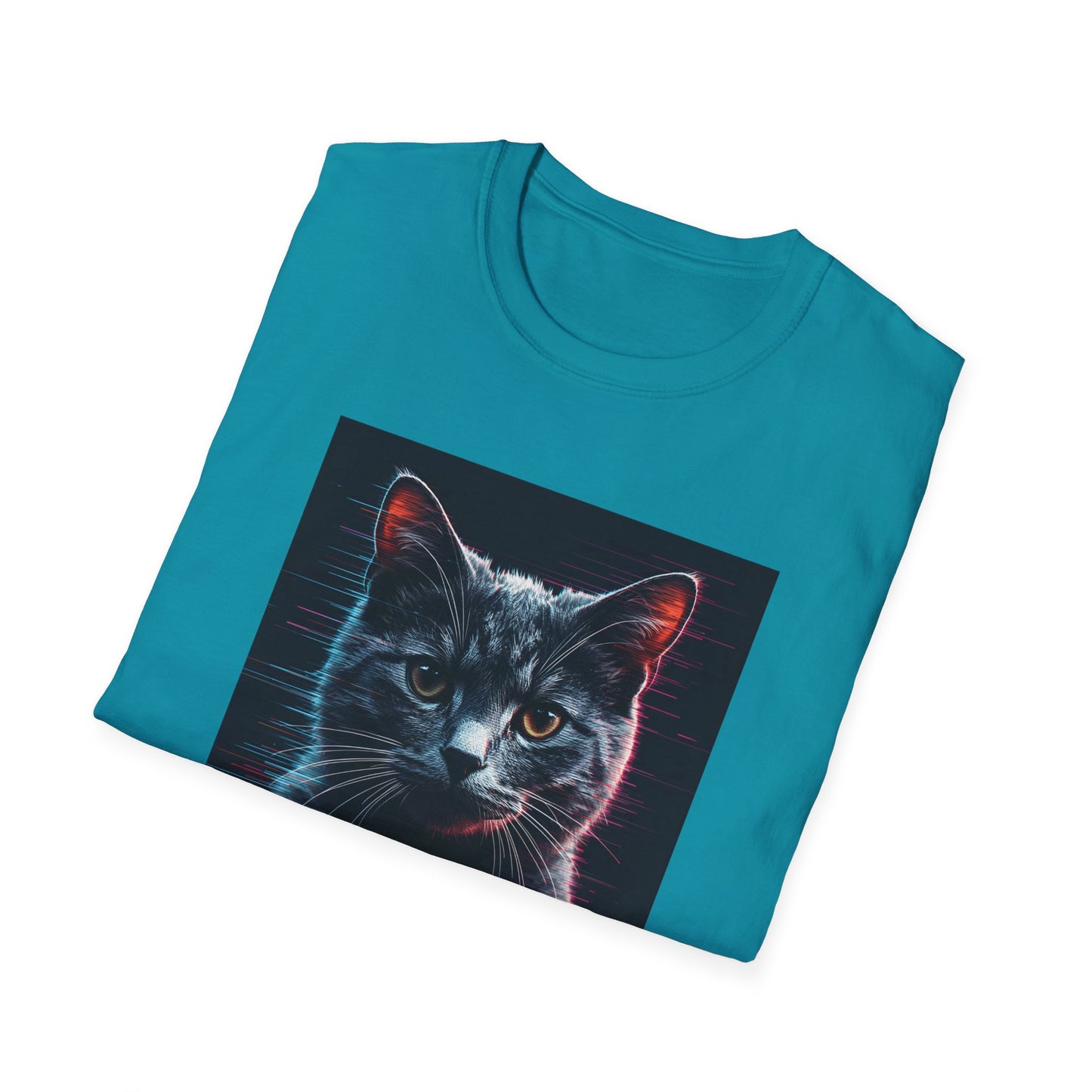 Pixellated Cat - Retro Meow Mode T-Shirt in Tropical Blue - Folded
