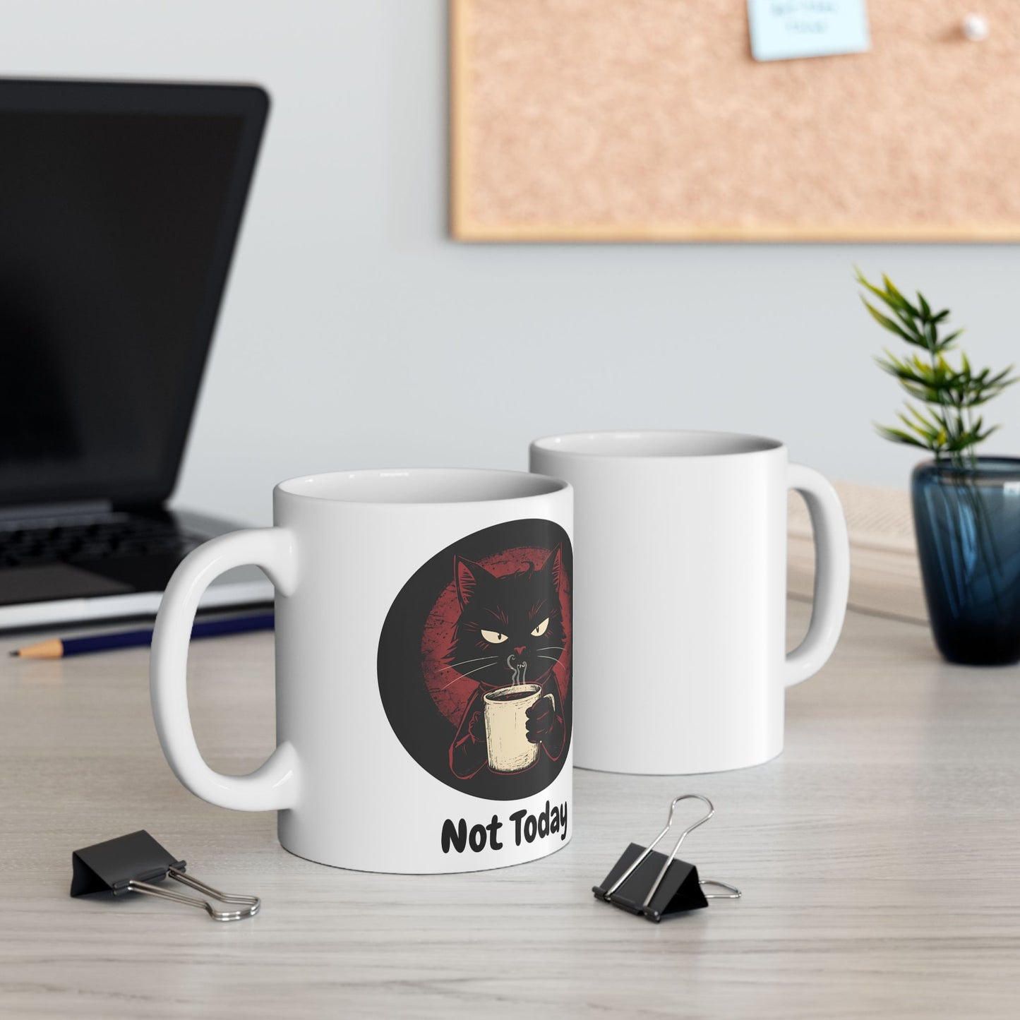 Not Today – Grumpy Black Cat Coffee Mug - two mugs with front and back view - white mug with cute annoyed cat and text