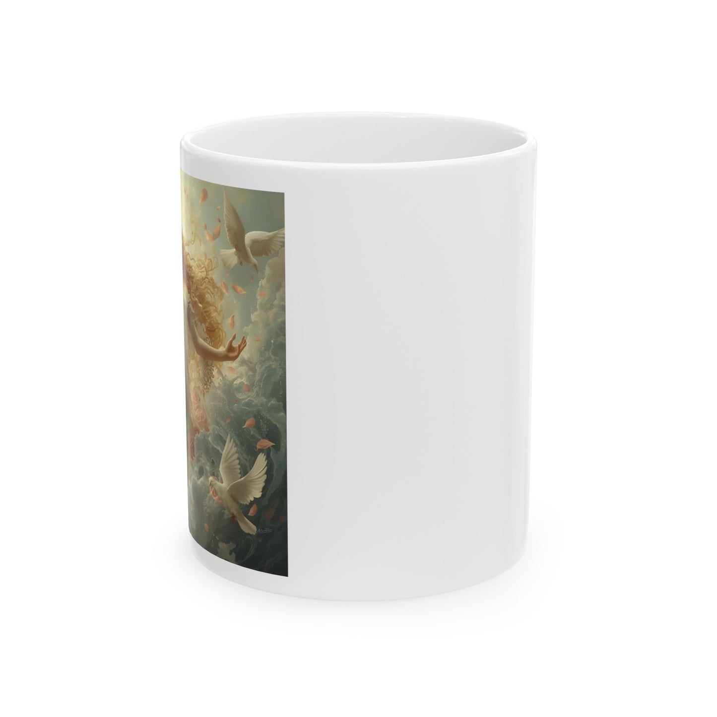 Aphrodite – Goddess of Love and Beauty Mug - side view - white mug with image of Aphrodite