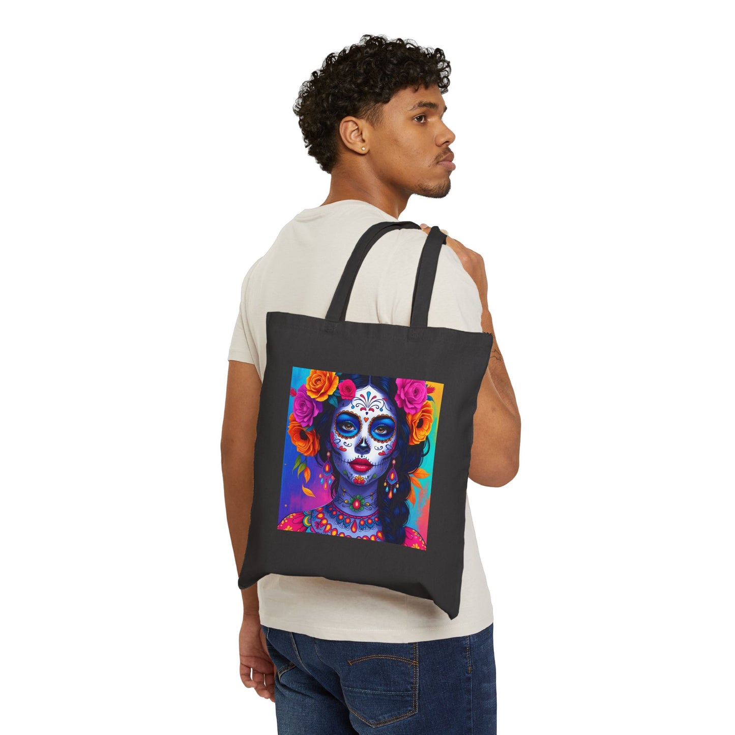 Blush Inferno – Pink Sugar Skull Goddess Tote Bag in Black