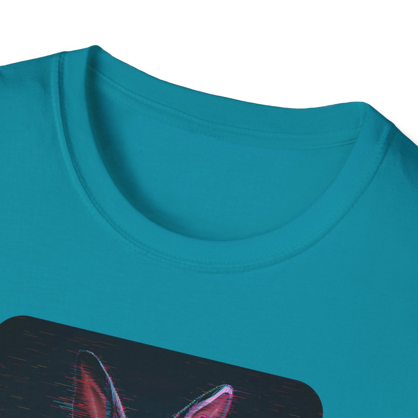 Pixellated Bunny — Hop Level Up Retro Gamer Tee in Tropical Blue - Neckline