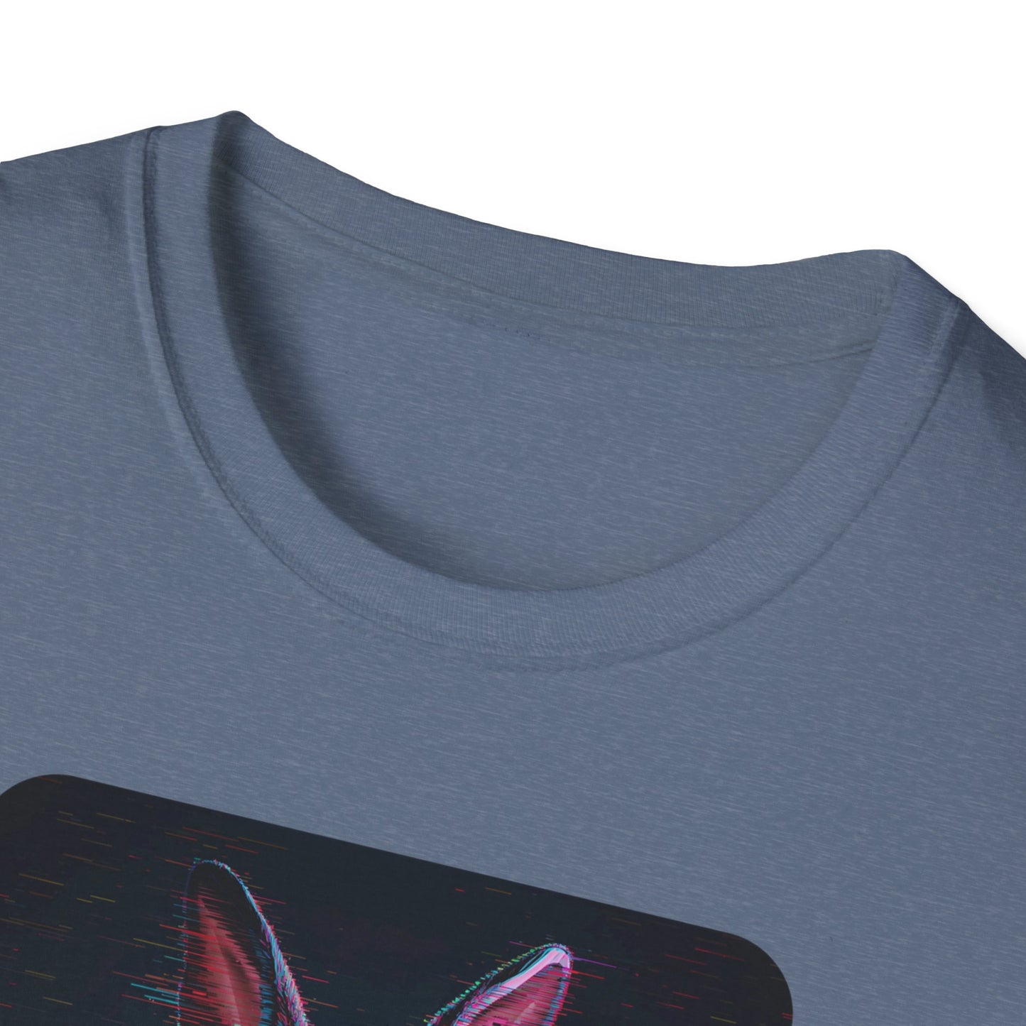 Pixellated Bunny — Hop Level Up Retro Gamer Tee in Heather Indigo - Neckline