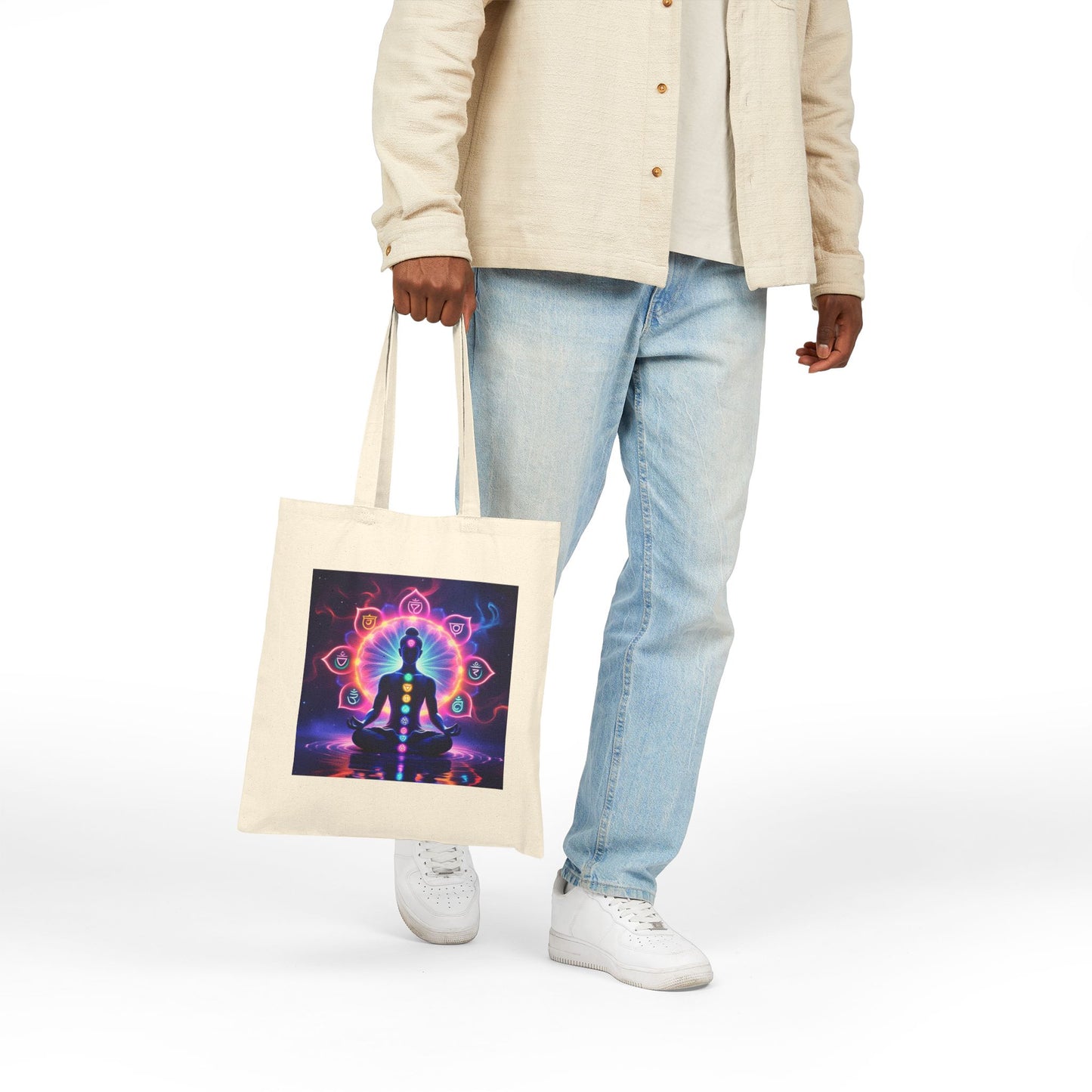 Spiritual Chakra Cotton Canvas Tote Bag in Natural