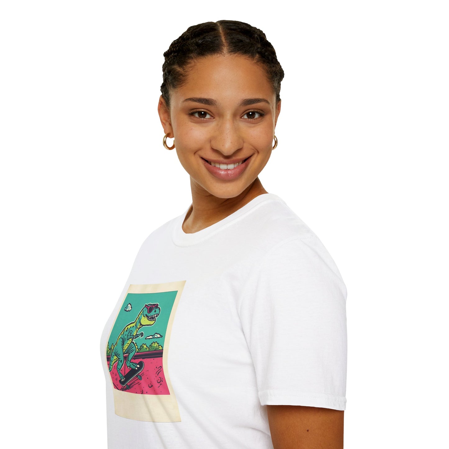 Retro Skater T-Rex T-Shirt – 90s Polaroid Dinosaur in Sunglasses