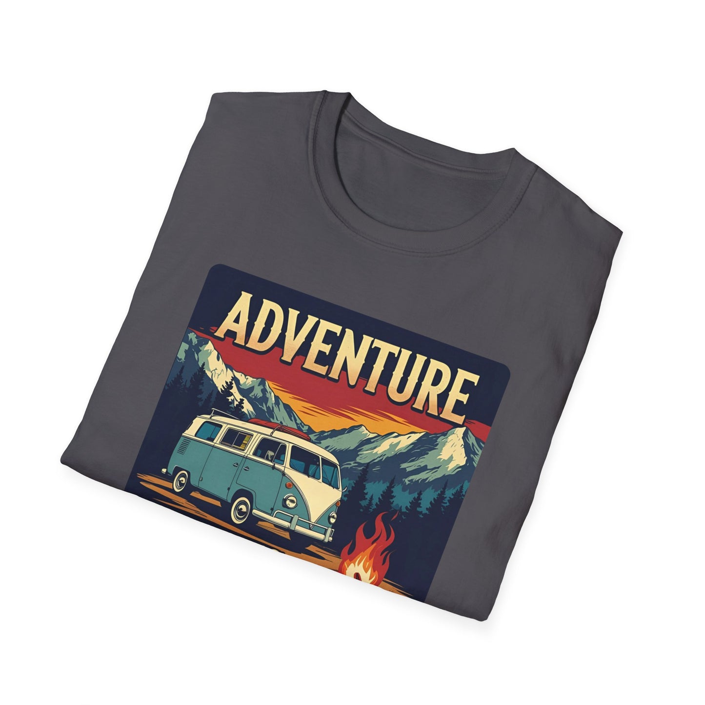 Adventure Awaits - Retro Camper Van Adventure T-Shirt in Charcoal - Folded