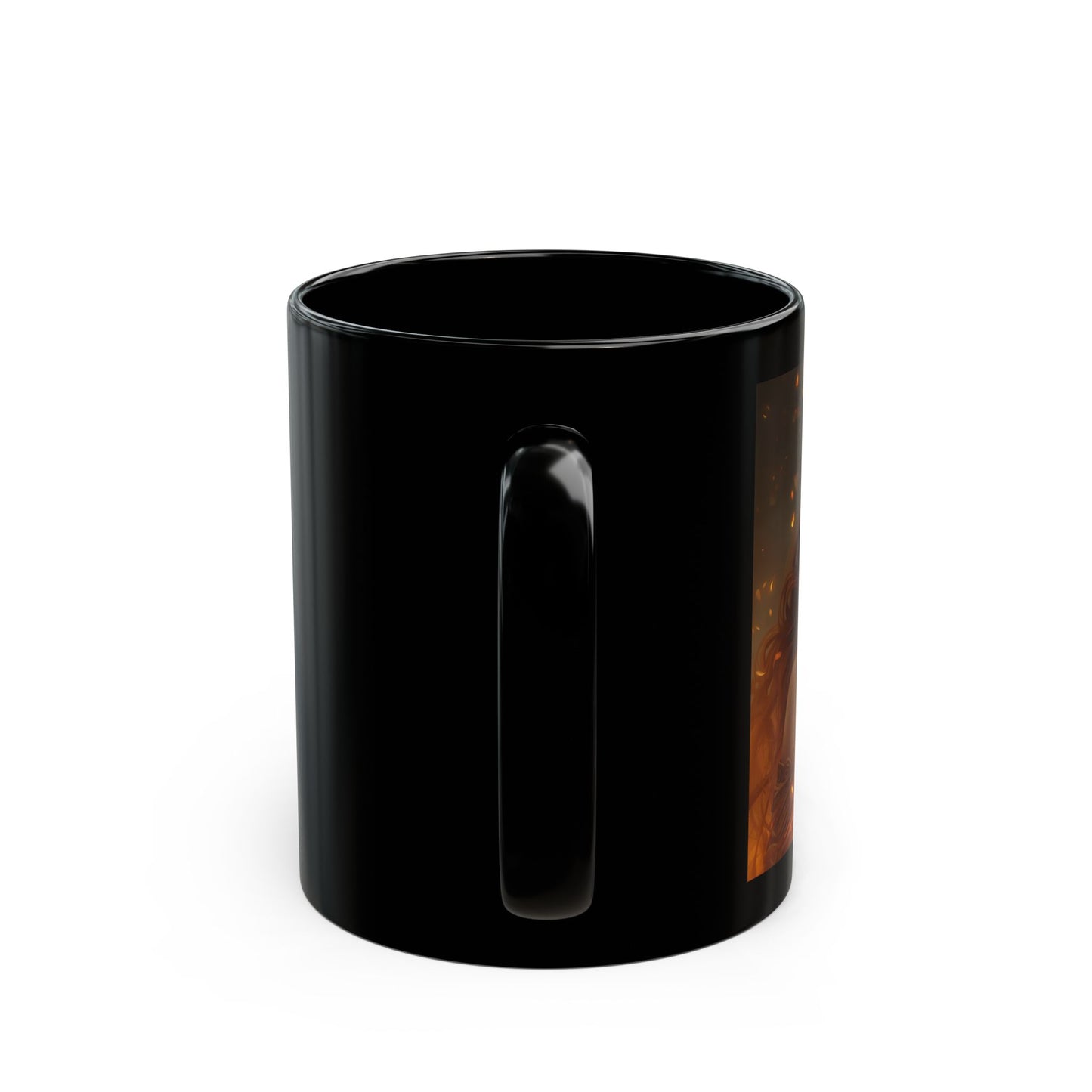 Hestia – Keeper of the Hearth Coffee Mug - side view - black mug with Hestia image