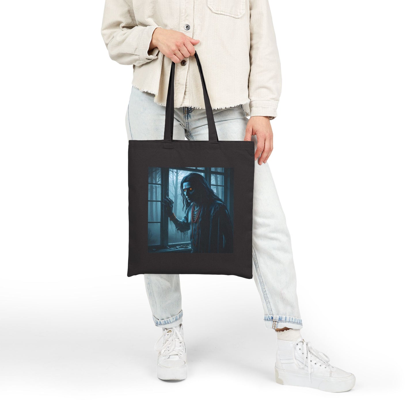 Spooky Ghost Art Cotton Canvas Tote Bag in Black
