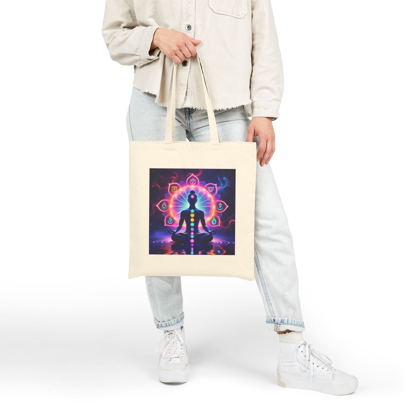 Spiritual Chakra Cotton Canvas Tote Bag in Natural