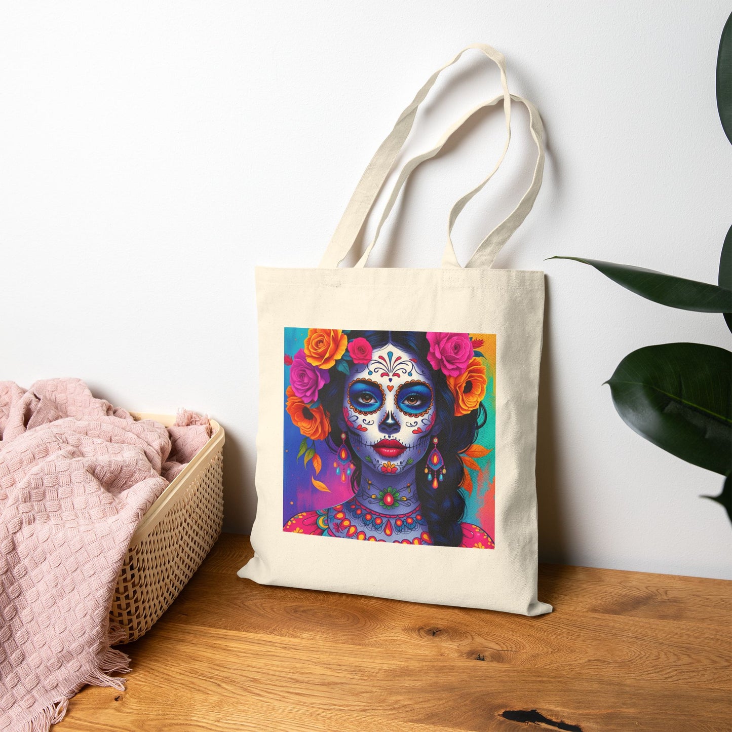 Blush Inferno – Pink Sugar Skull Goddess Tote Bag in Natural