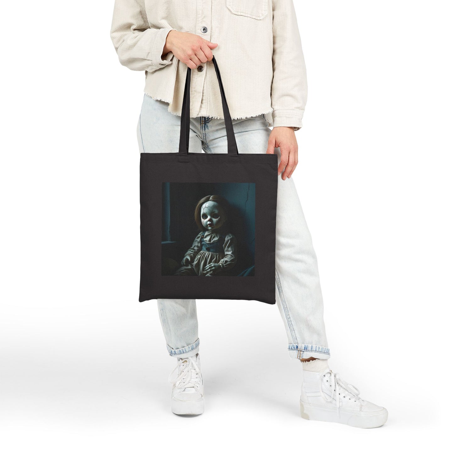 Mary Beth - Spooky Antique Doll Canvas Tote in Black