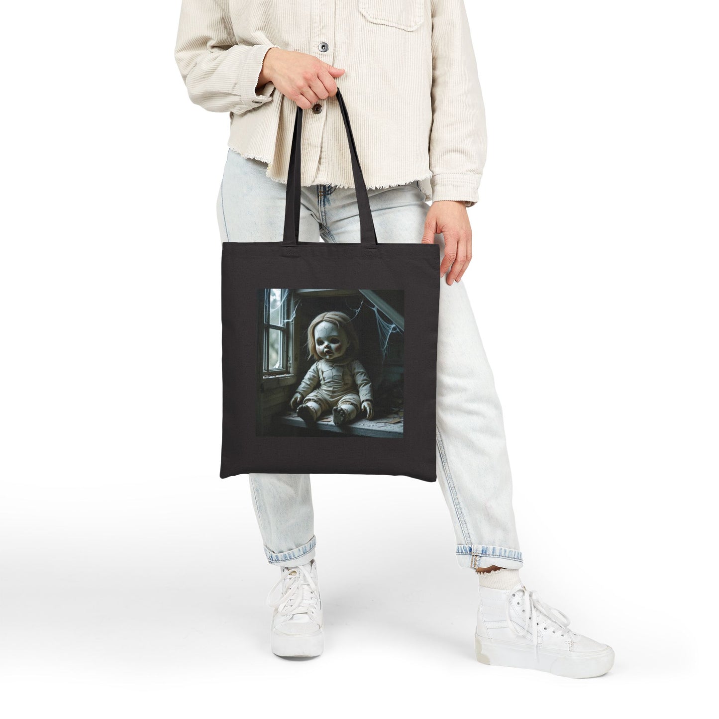 Isabella - Spooky Doll Art Tote Bag in Black