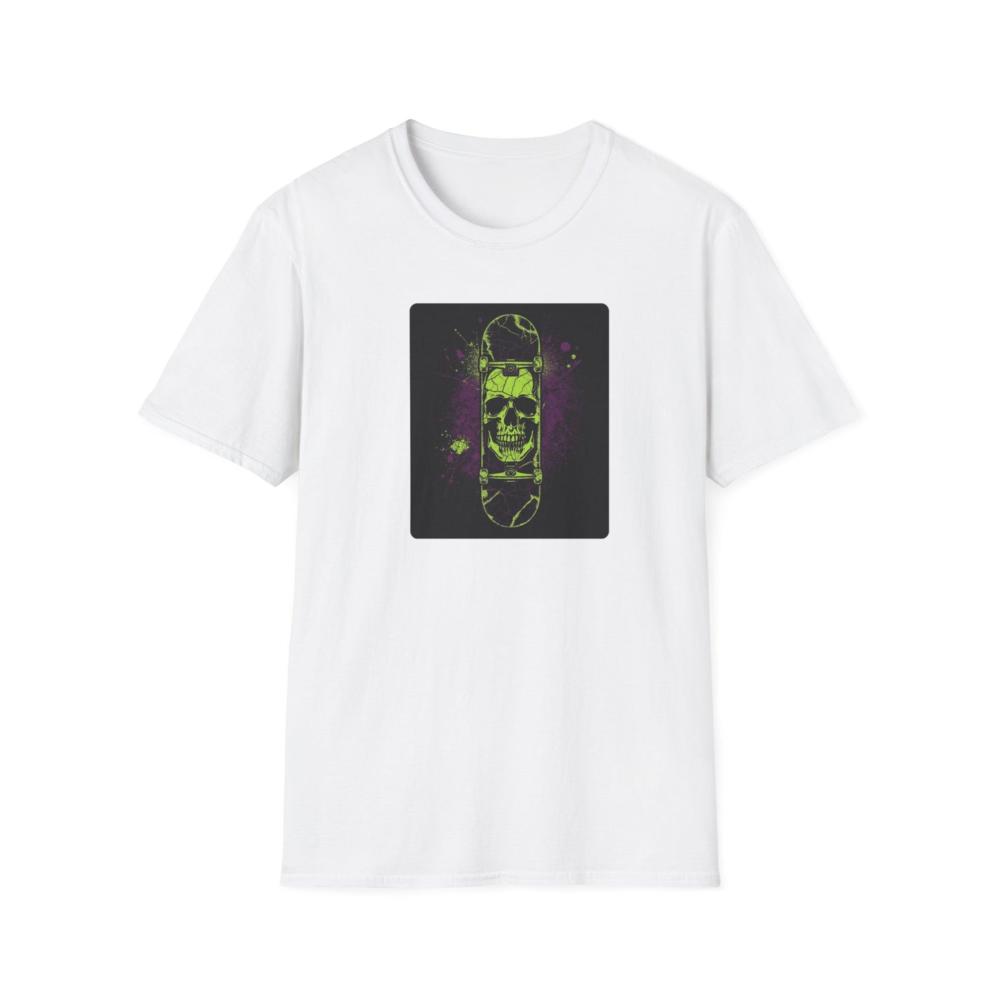 Neon Skull Skateboard – Electric Street Rebel T-Shirt in White