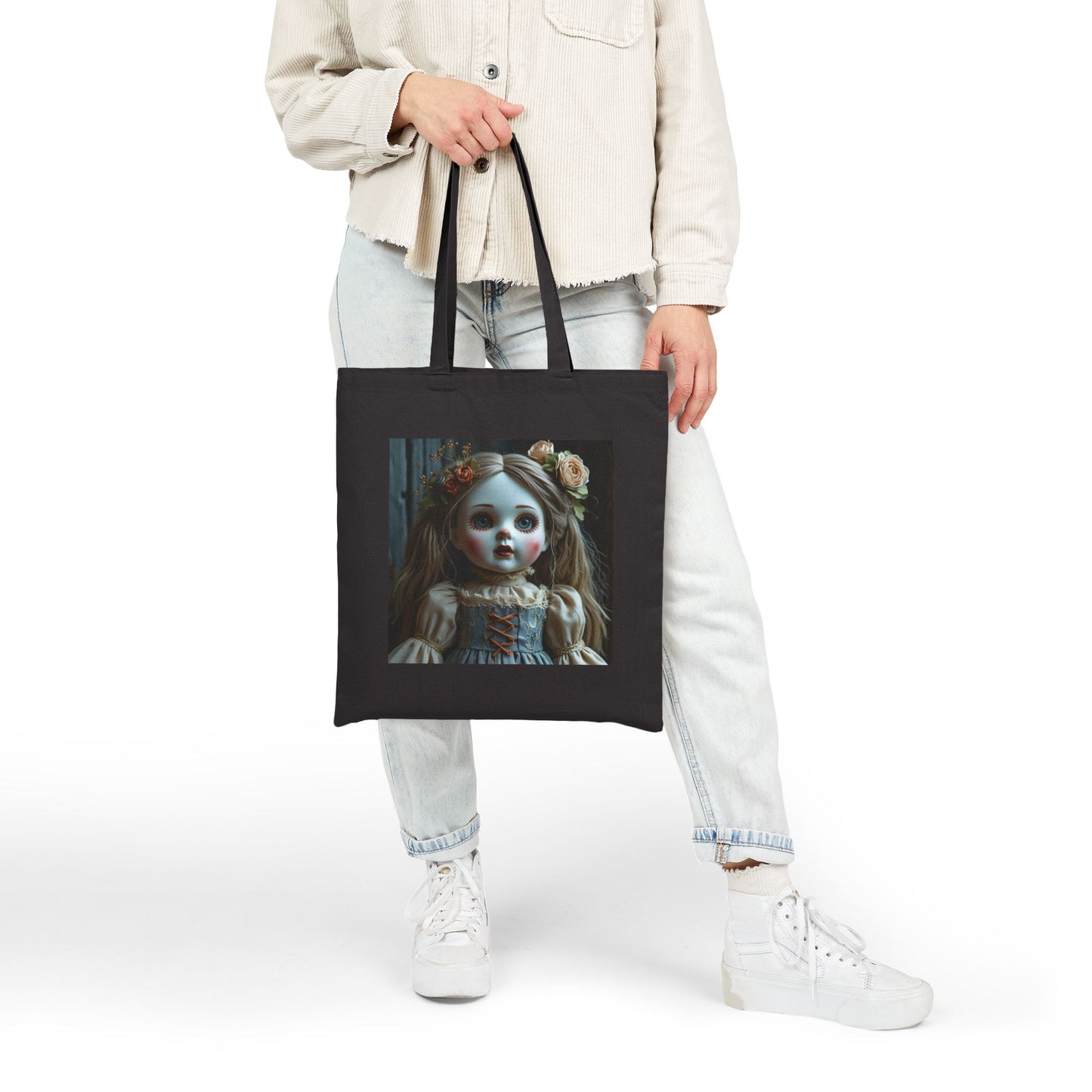Ruby - Spooky Doll Canvas Tote Bag in Black