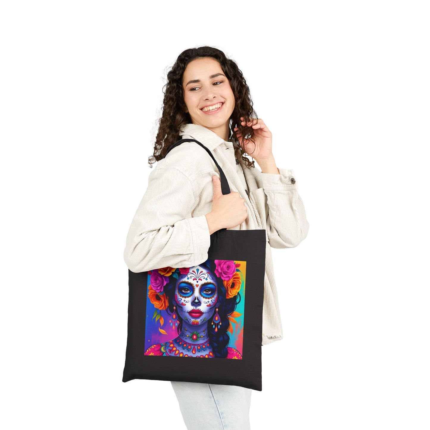 Blush Inferno – Pink Sugar Skull Goddess Tote Bag in Black