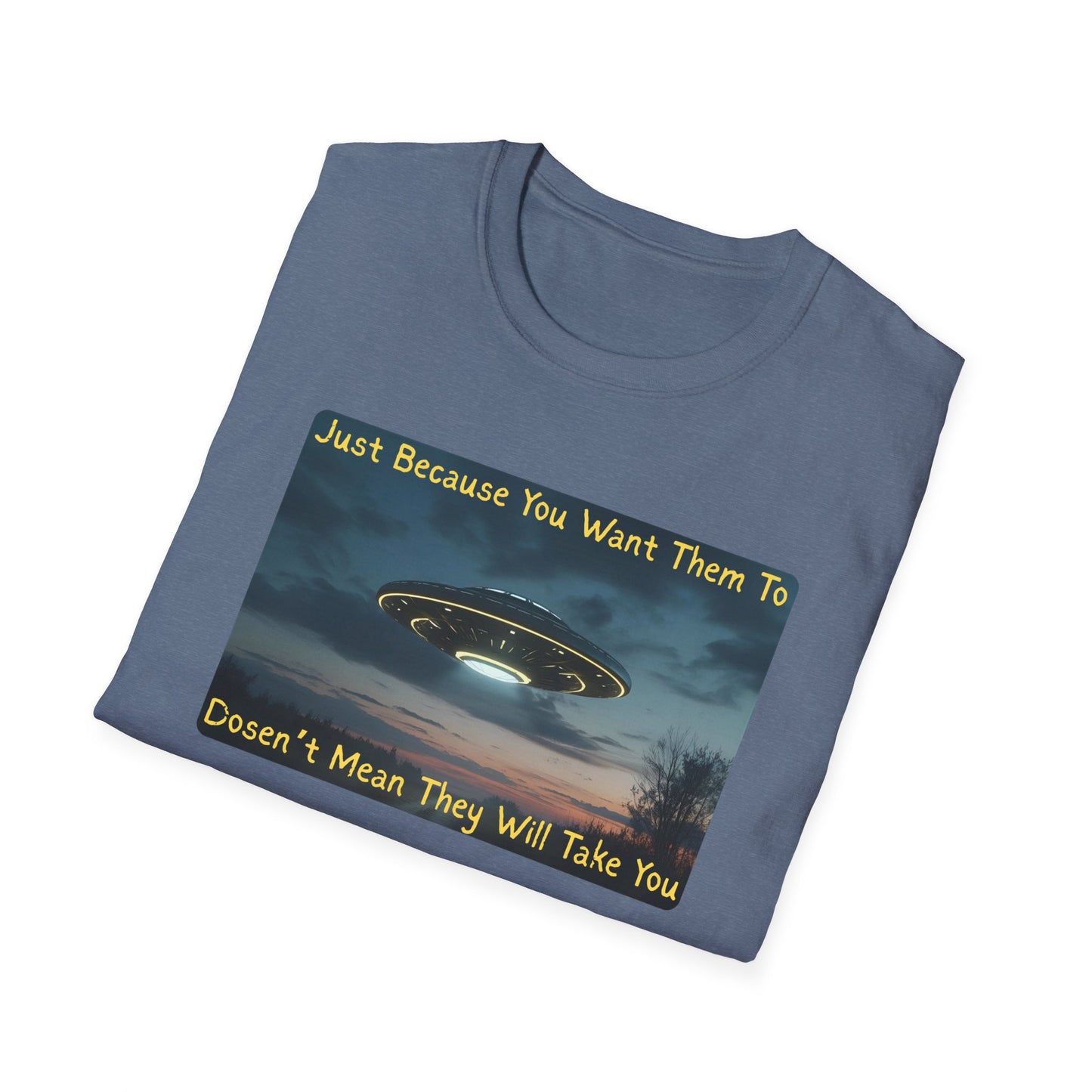 Just Because You Want Them To Dosen't Mean They Will Take You UFO T-Shirt in Heather Indigo - Folded