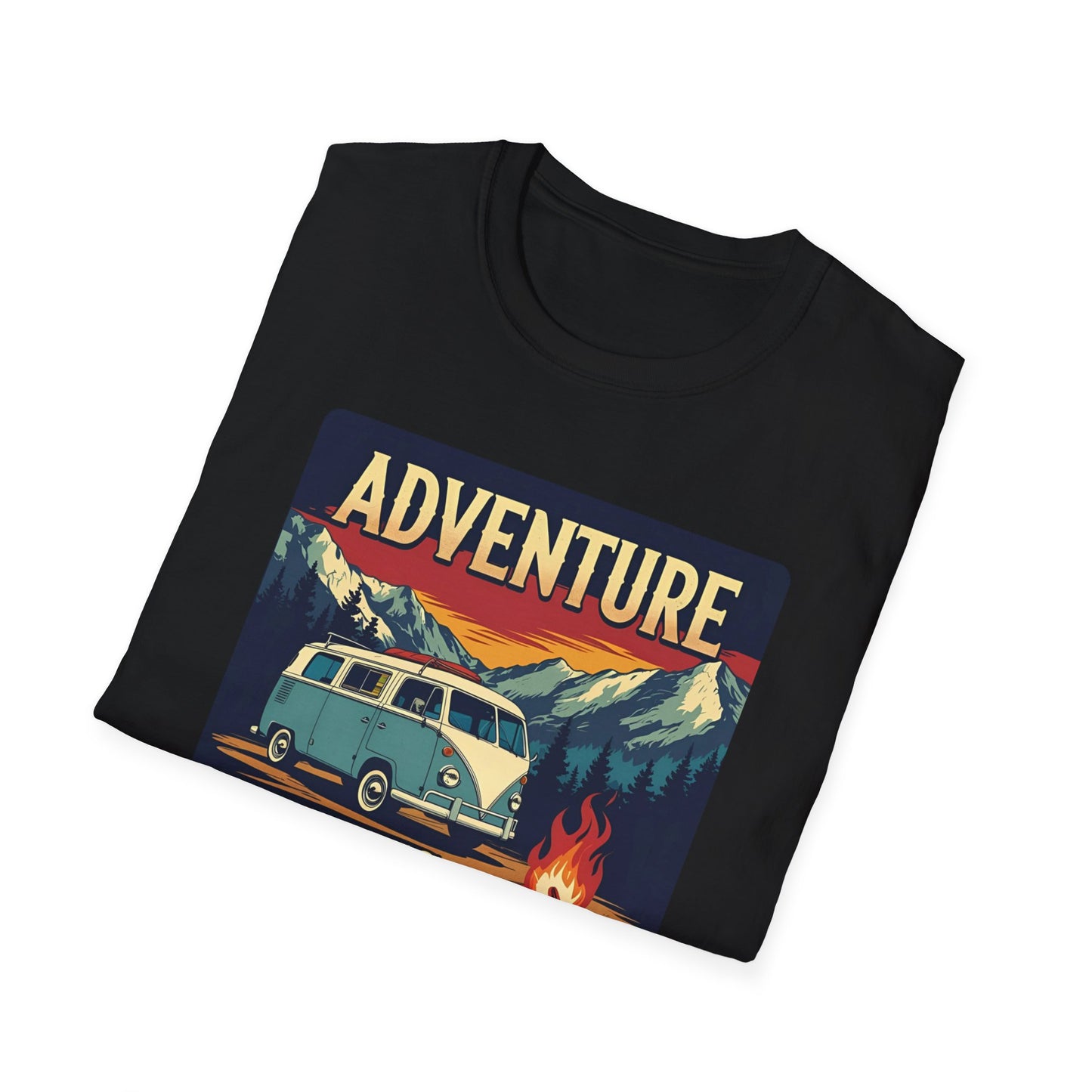 Adventure Awaits - Retro Camper Van Adventure T-Shirt in Black - Folded