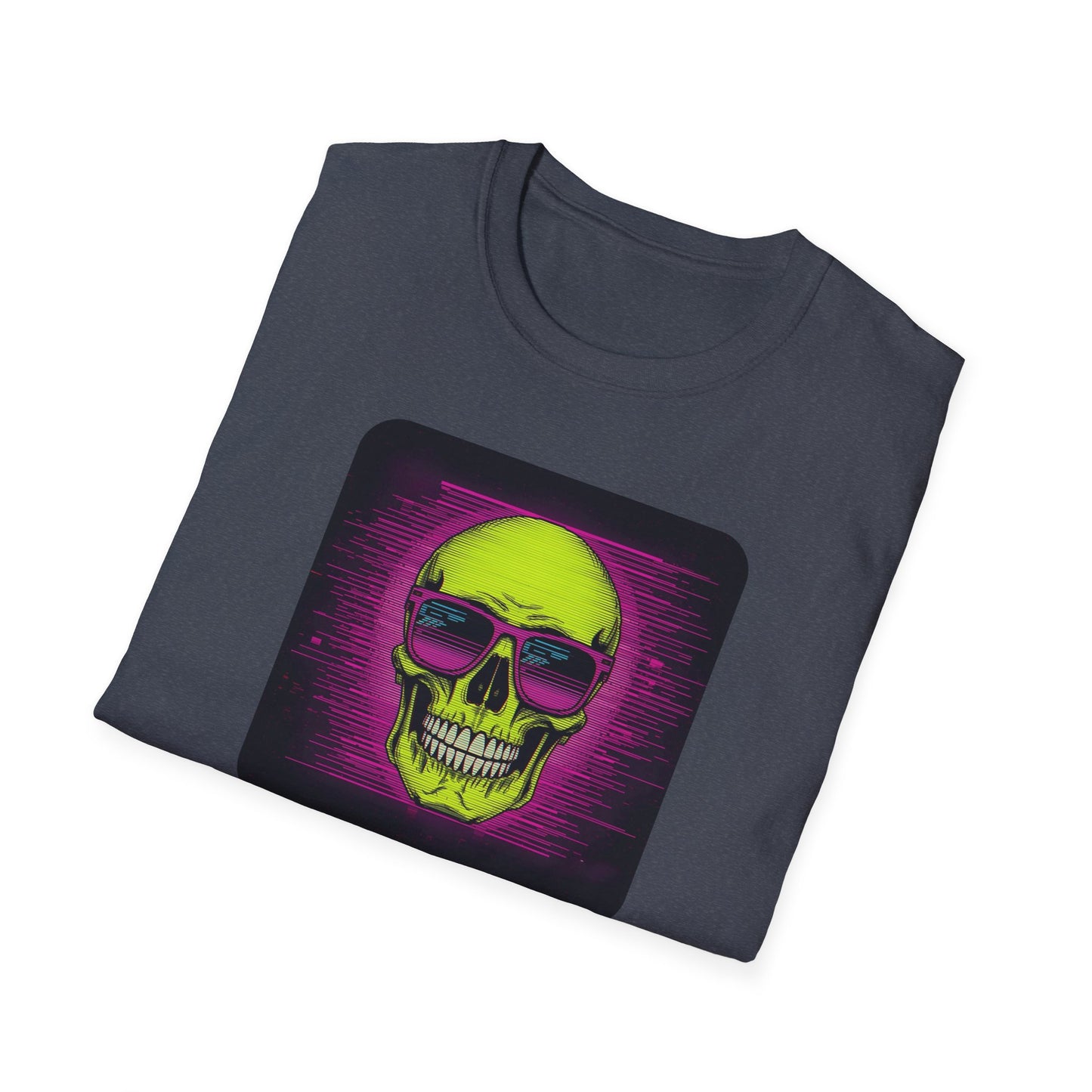 Game Over Retro Gamer Tee - Pixellated Skull in Heather Navy - Folded