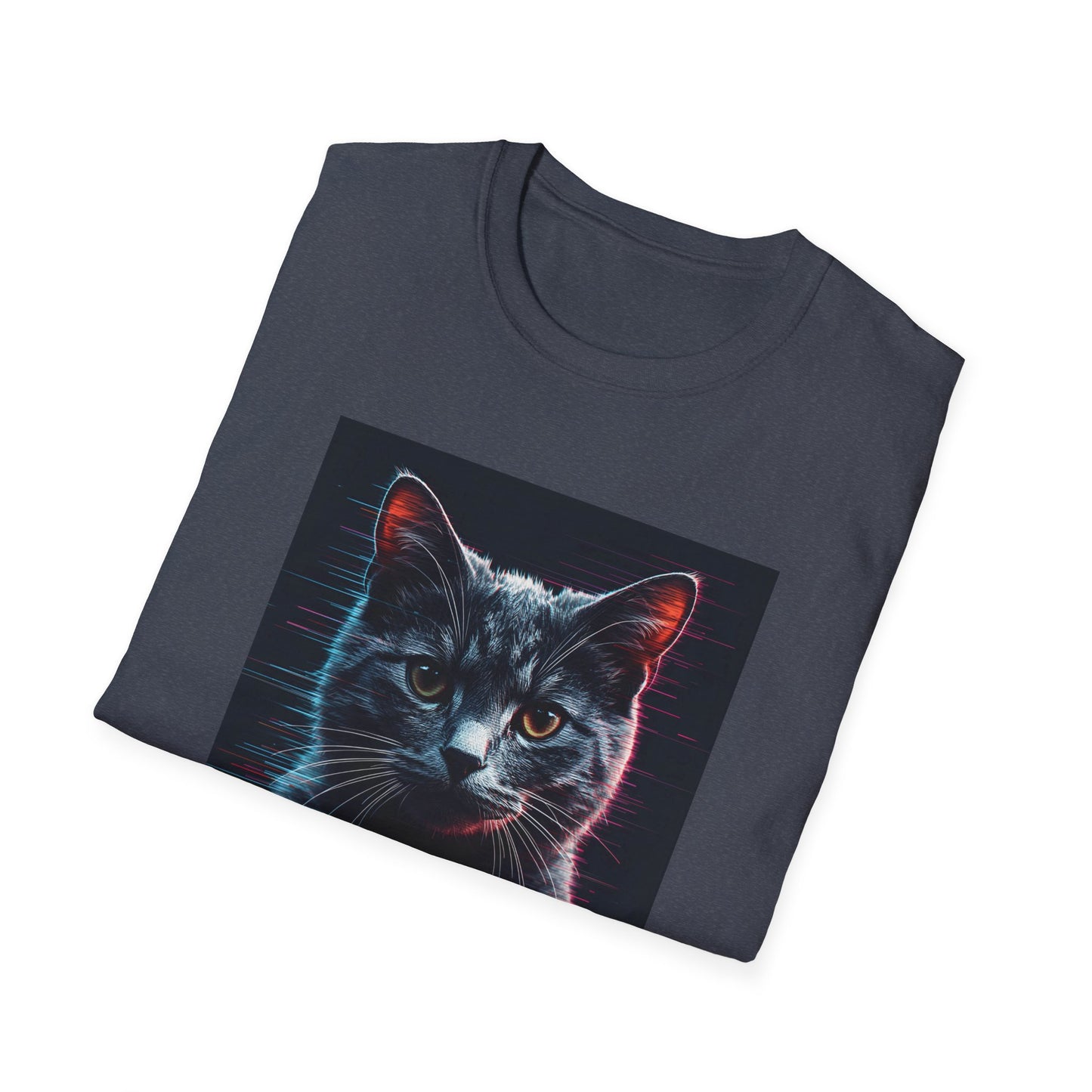 Pixellated Cat - Retro Meow Mode T-Shirt in Heather Navy - Folded