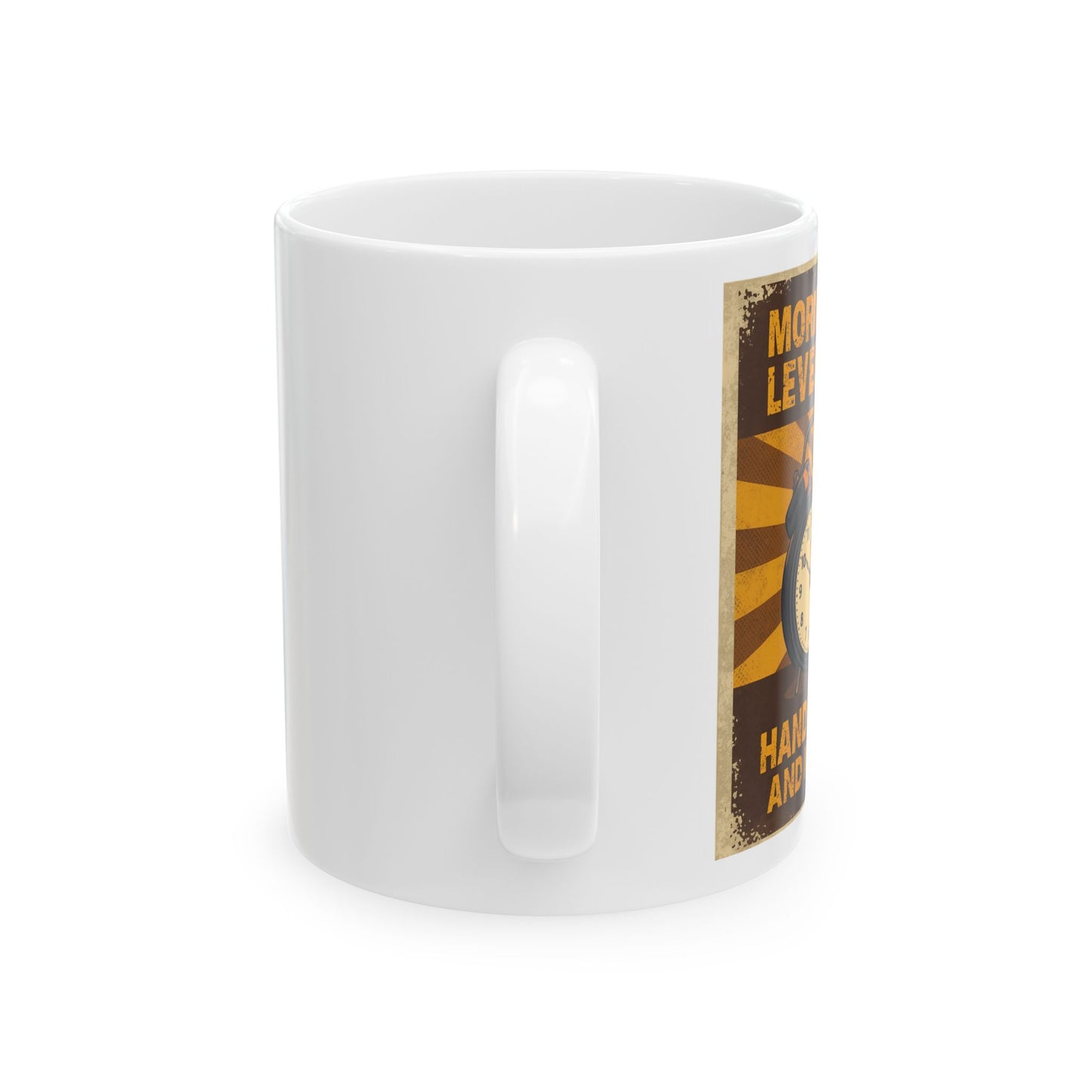 Morning Threat Level Critical - Funny Coffee Mug - side view - white mug with funny image