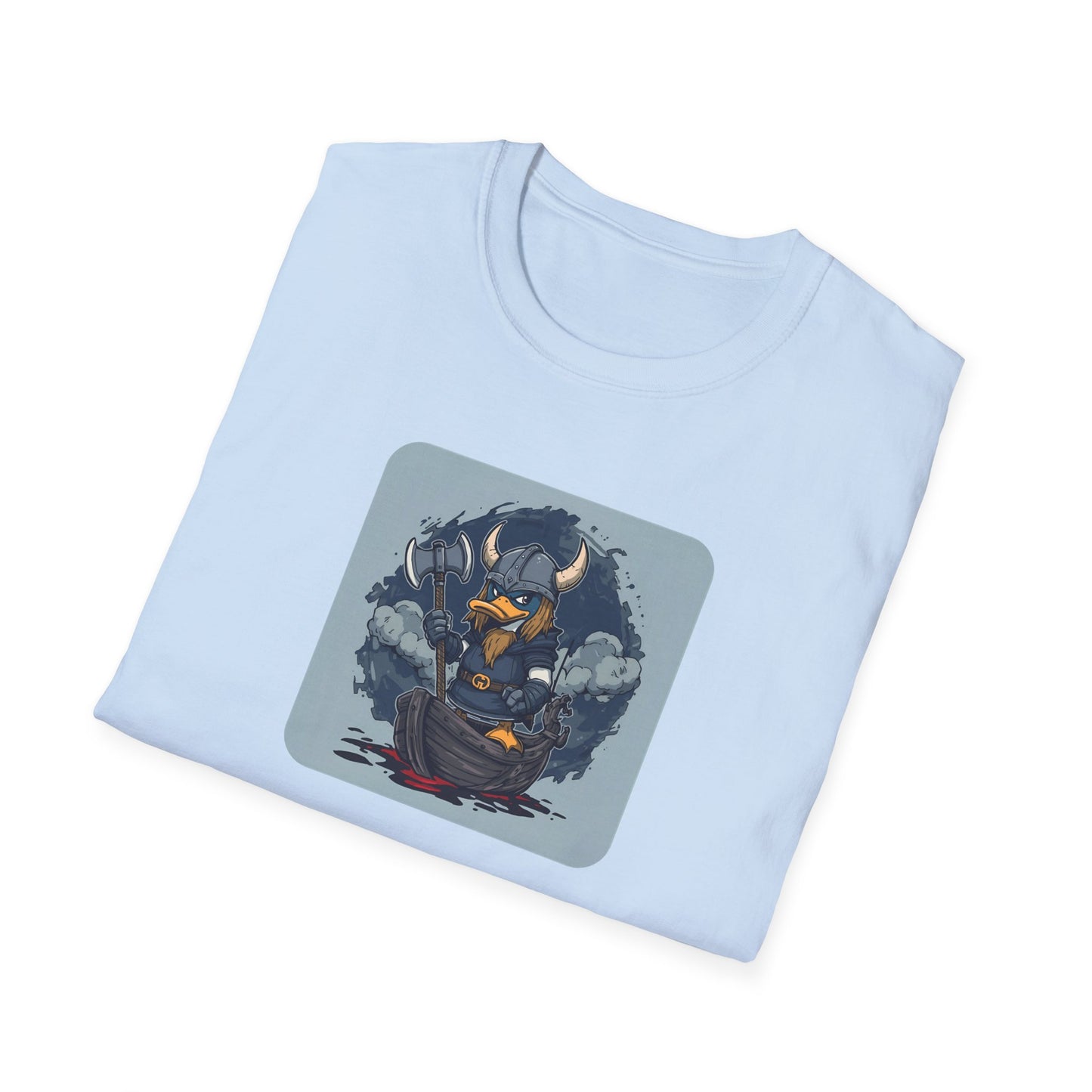 Goth Viking Duck – Dark Cartoon Chaos T-Shirt in Light Blue - Folded