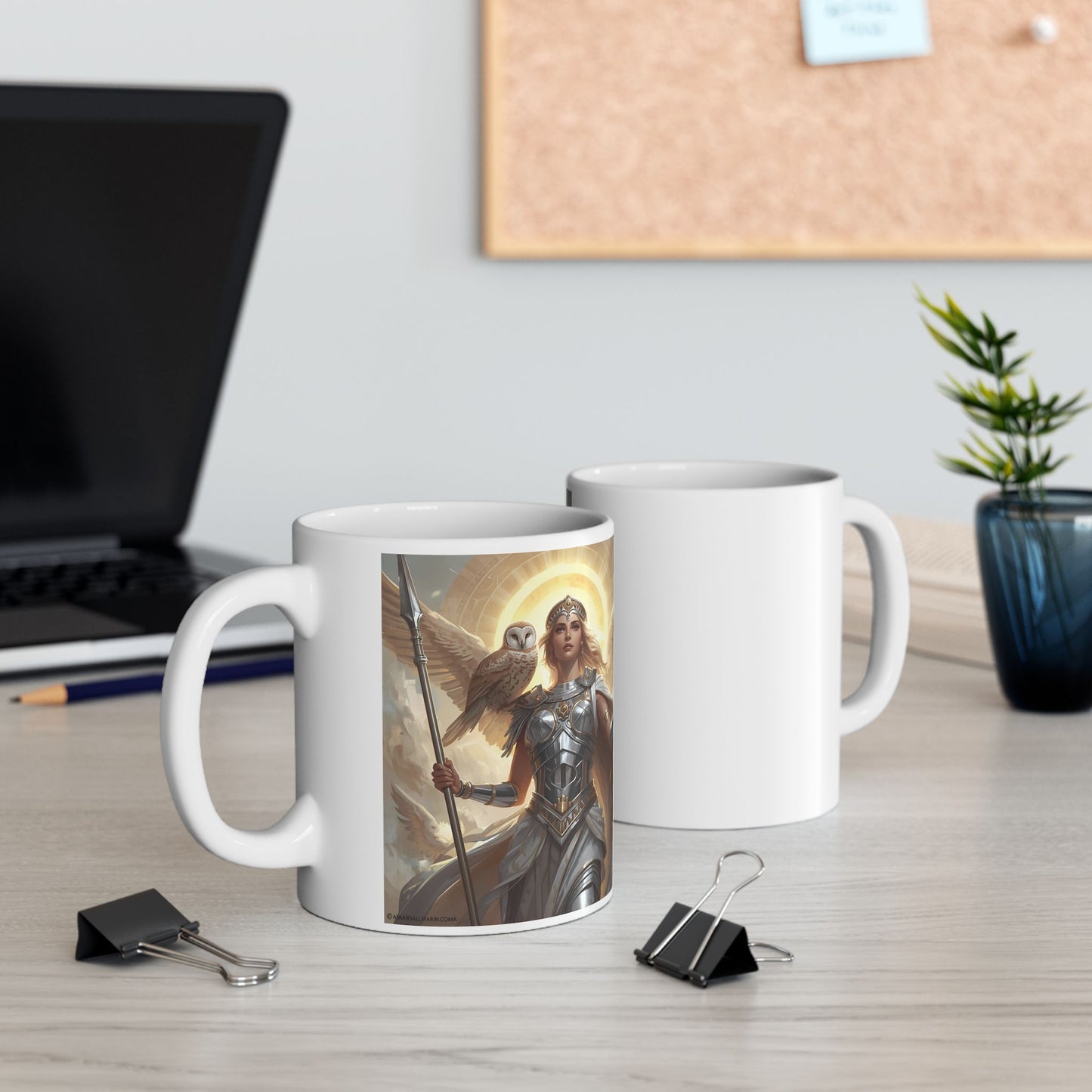 Athena - Mind of the Warrior Mug - two mugs with front and back view - Mug with Athena design and owl