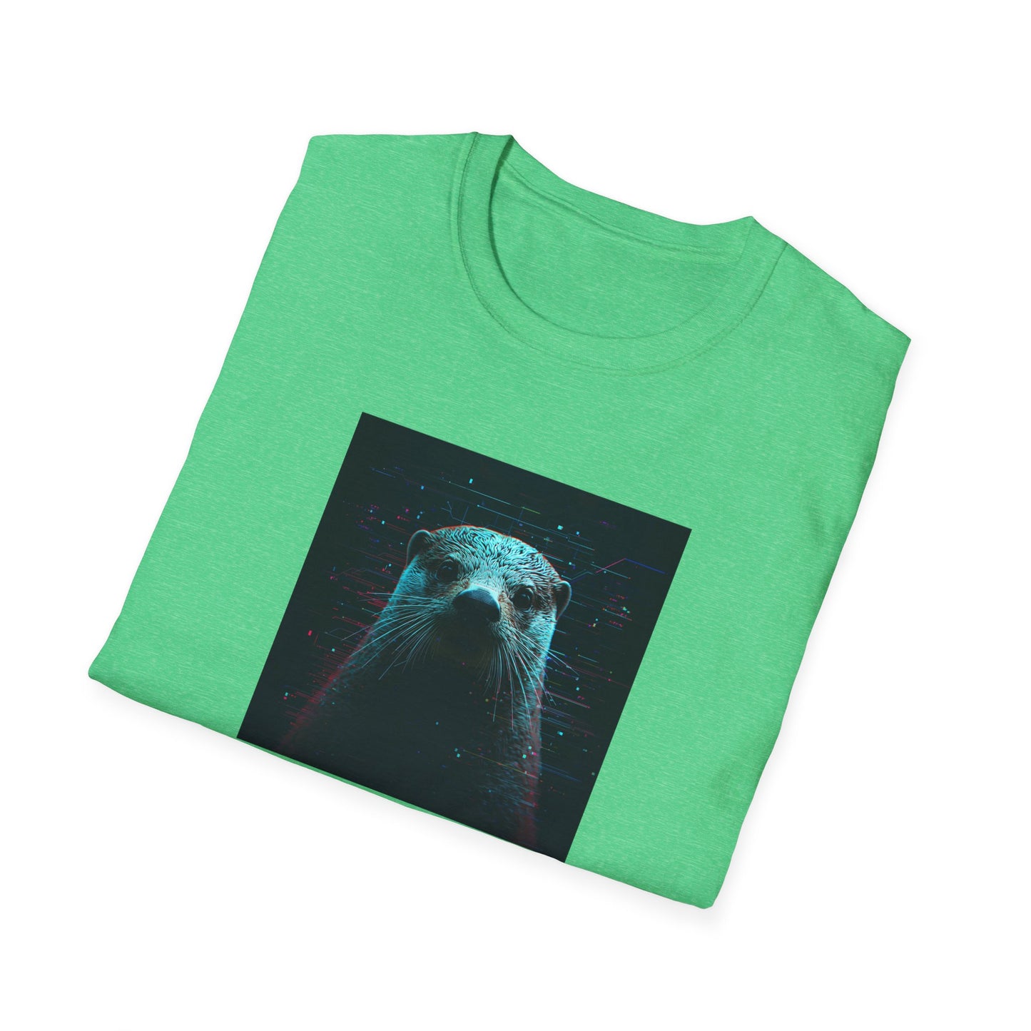 Pixellated Otter — Otterly Retro Gamer Tee in Heather Irish Green - Folded