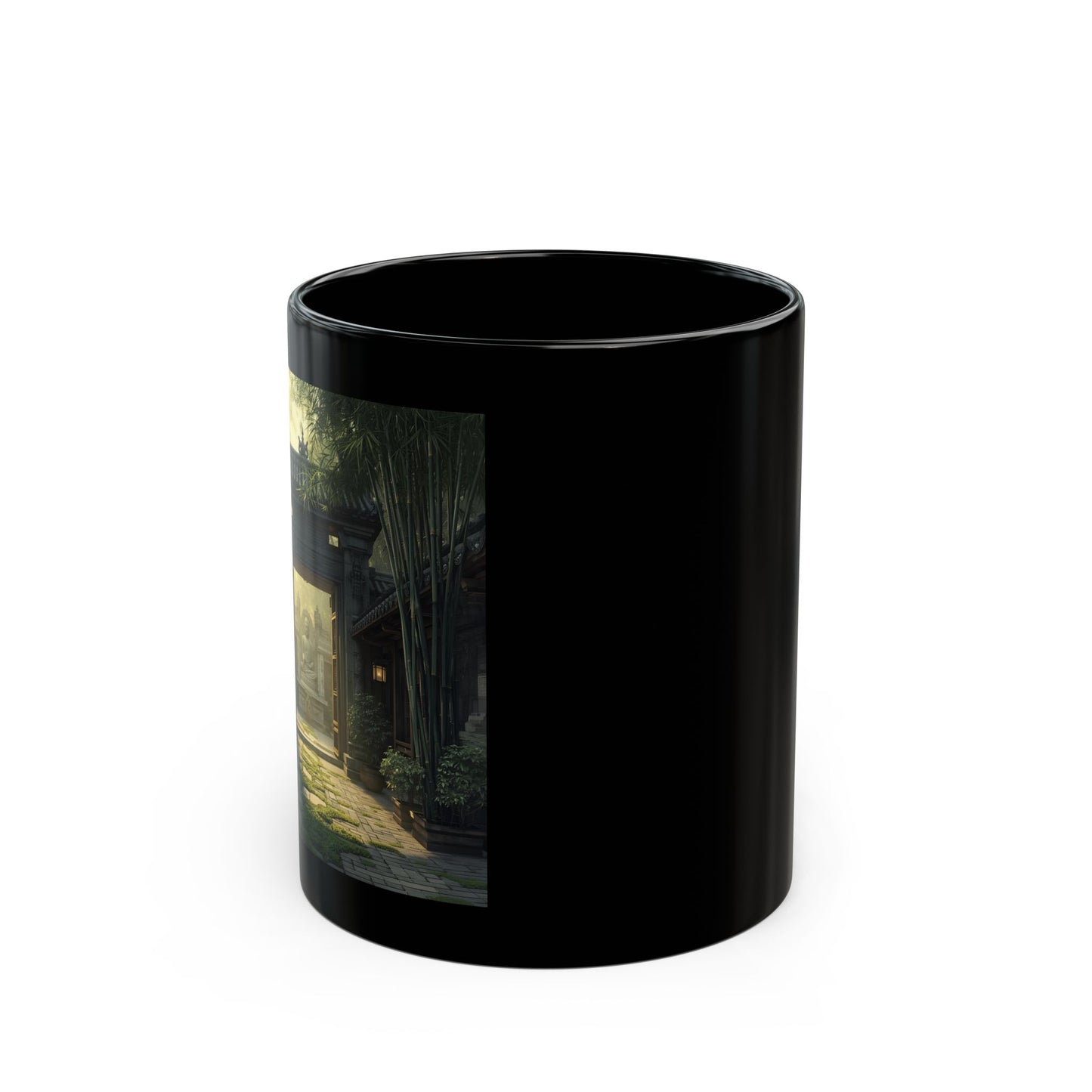 Dawn at the Courtyard Mug - Side View -Black mug with a scenic design