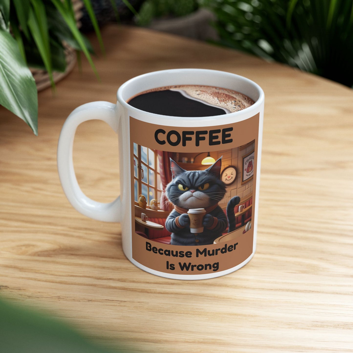Mug with a cat illustration and text 'COFFEE Because Murder Is Wrong' on a table