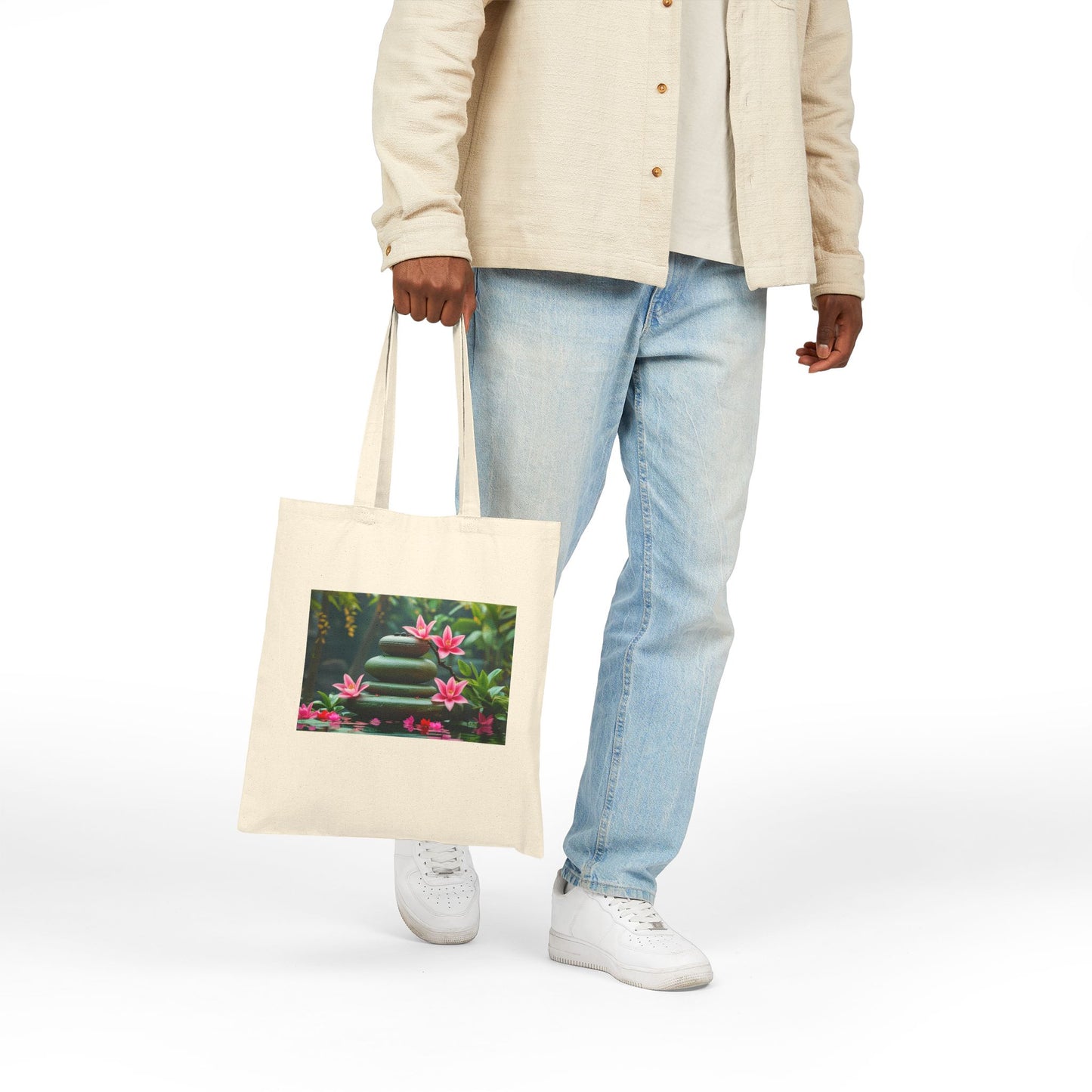 Serene Lotus Garden Cotton Canvas Tote Bag in Natural