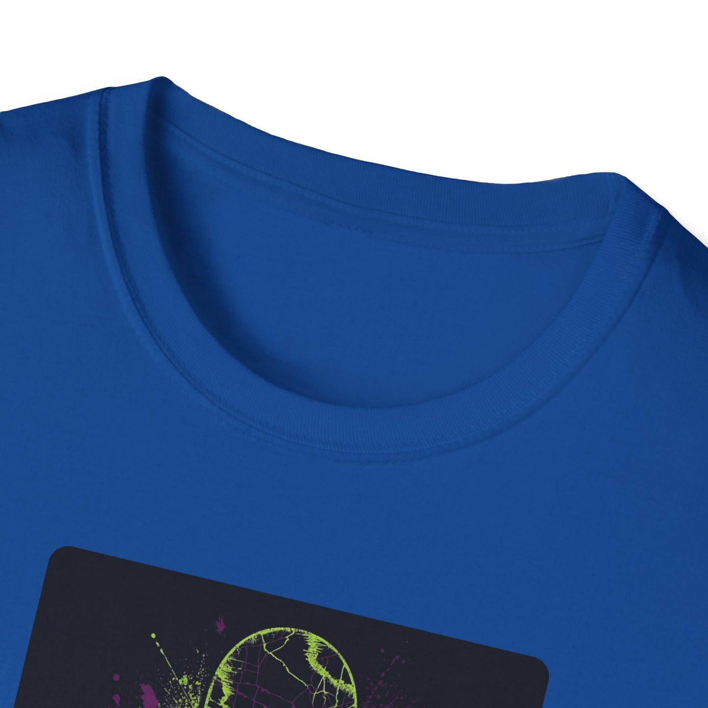 Neon Skull Skateboard – Electric Street Rebel T-Shirt in Royal - Neckline