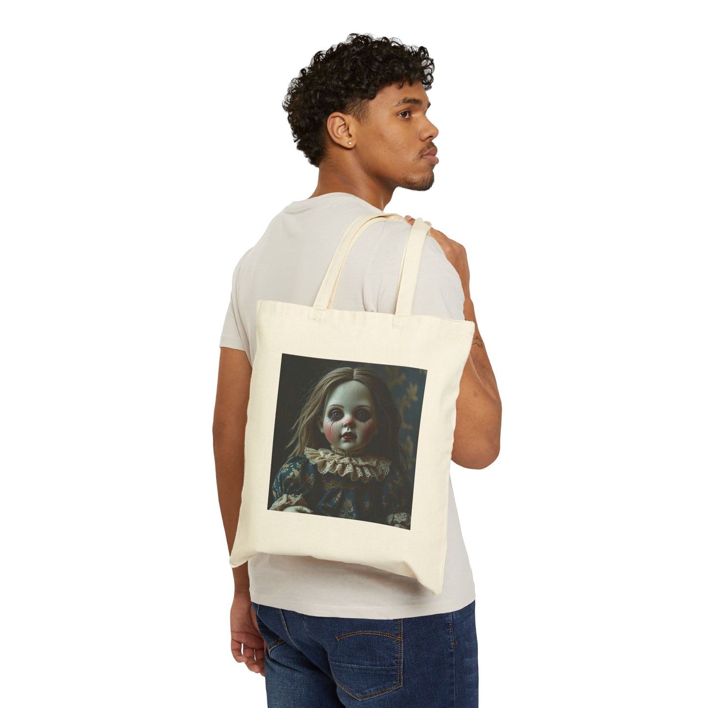 Lizzie - Spooky Vintage Doll Canvas Tote Bag in Neutral