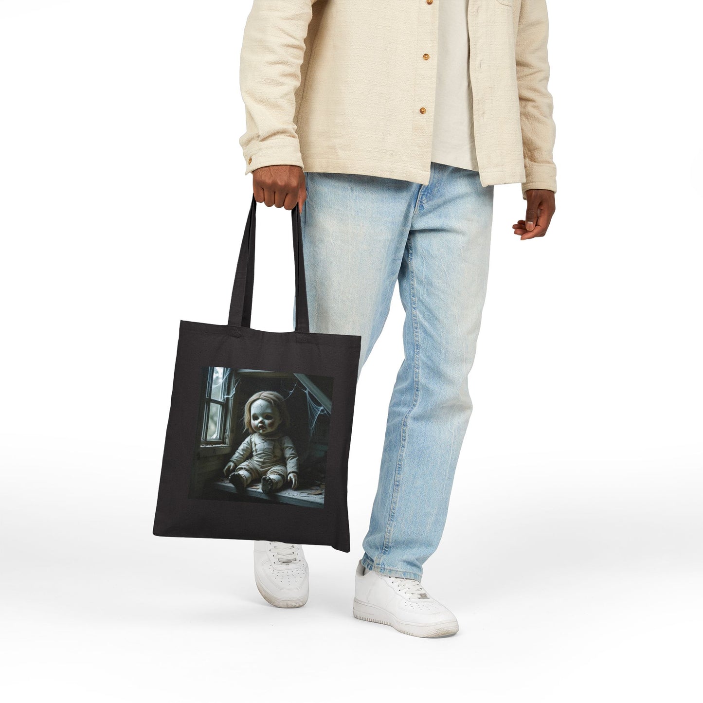 Isabella - Spooky Doll Art Tote Bag in Black