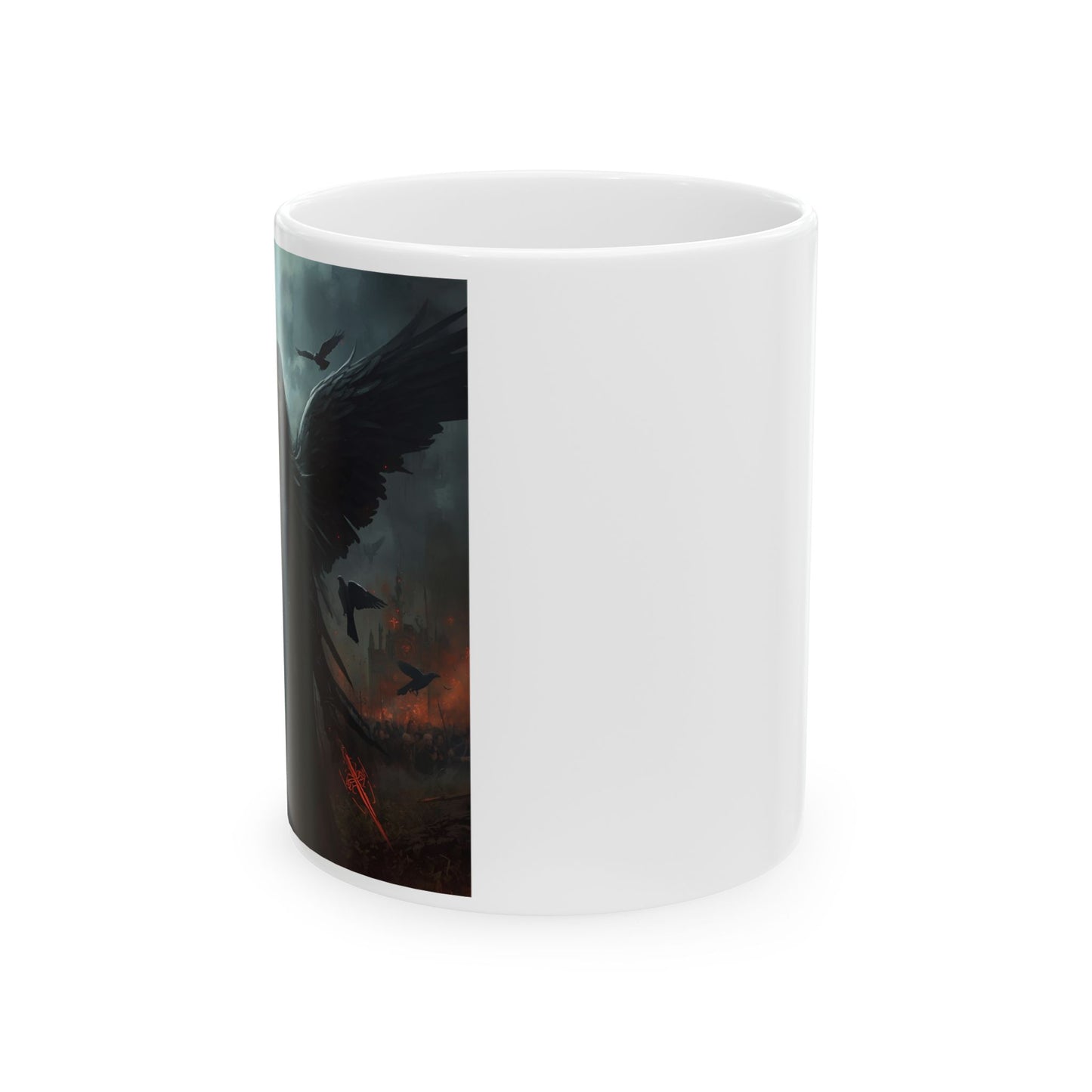 Morrigan – Celtic Goddess Coffee Mug - side view - white cup with Morrigan image