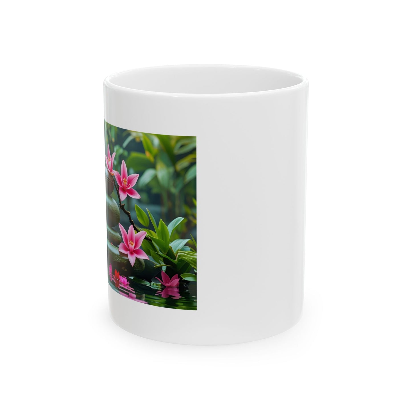 Lotus Serenity Ceramic Mug - side view - white mug with lotus serene design