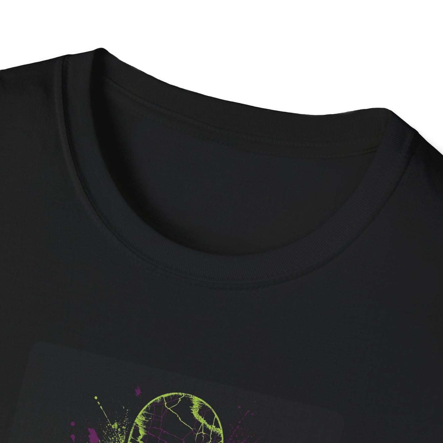 Neon Skull Skateboard – Electric Street Rebel T-Shirt in Black - Neckline
