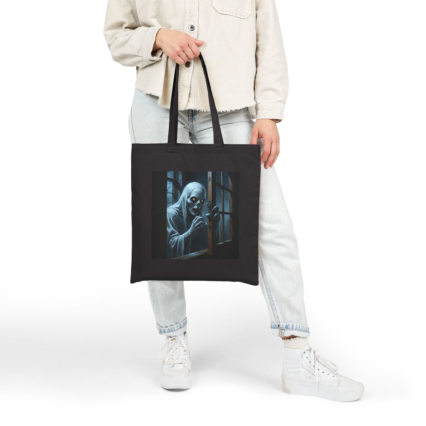 Spooky Ghost Canvas Tote Bag in Black