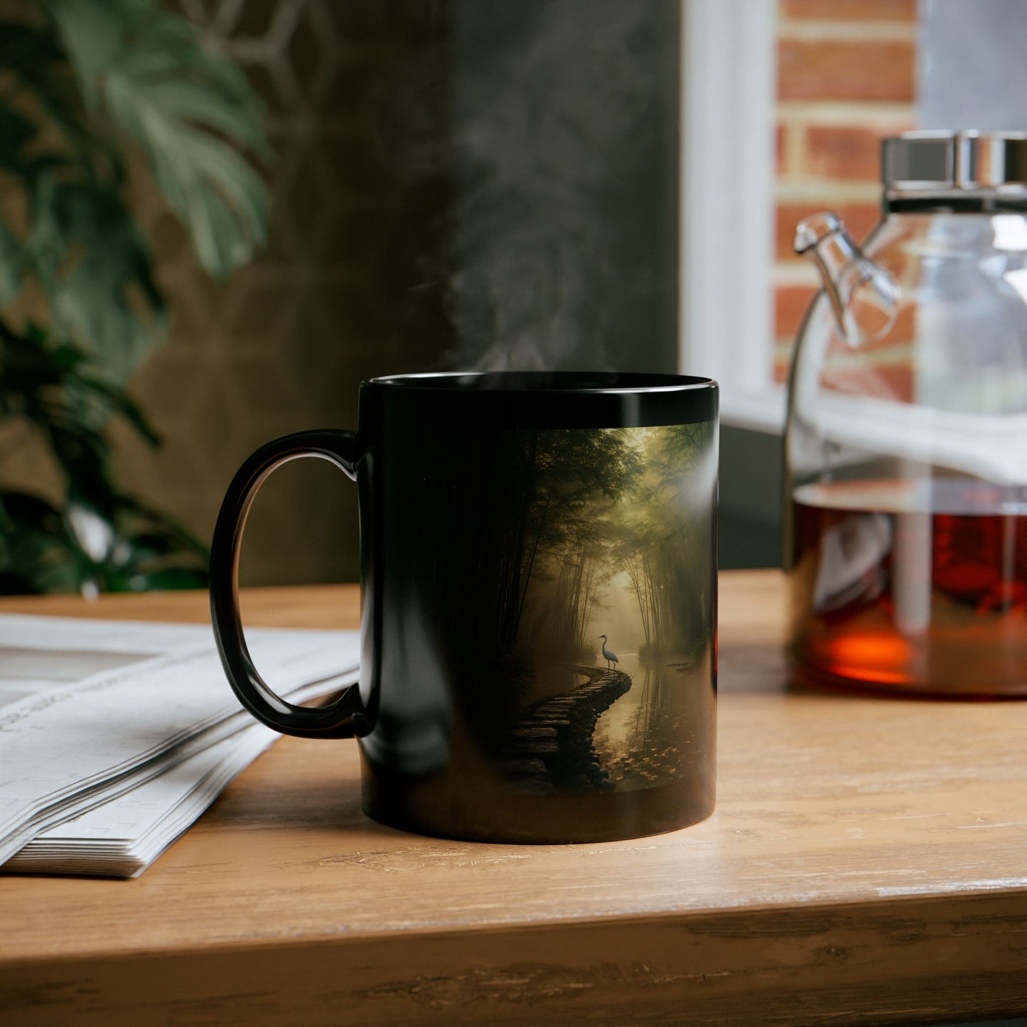 Whispers of the Bamboo Grove Mug -Black mug with nature design on a wooden table