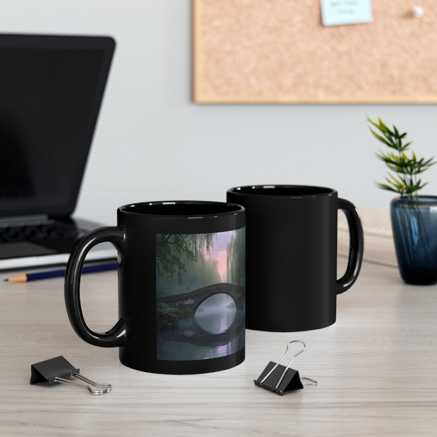 Bridge Over Morning Mist Mug - two mugs with front and back view - black mugs with a serene image