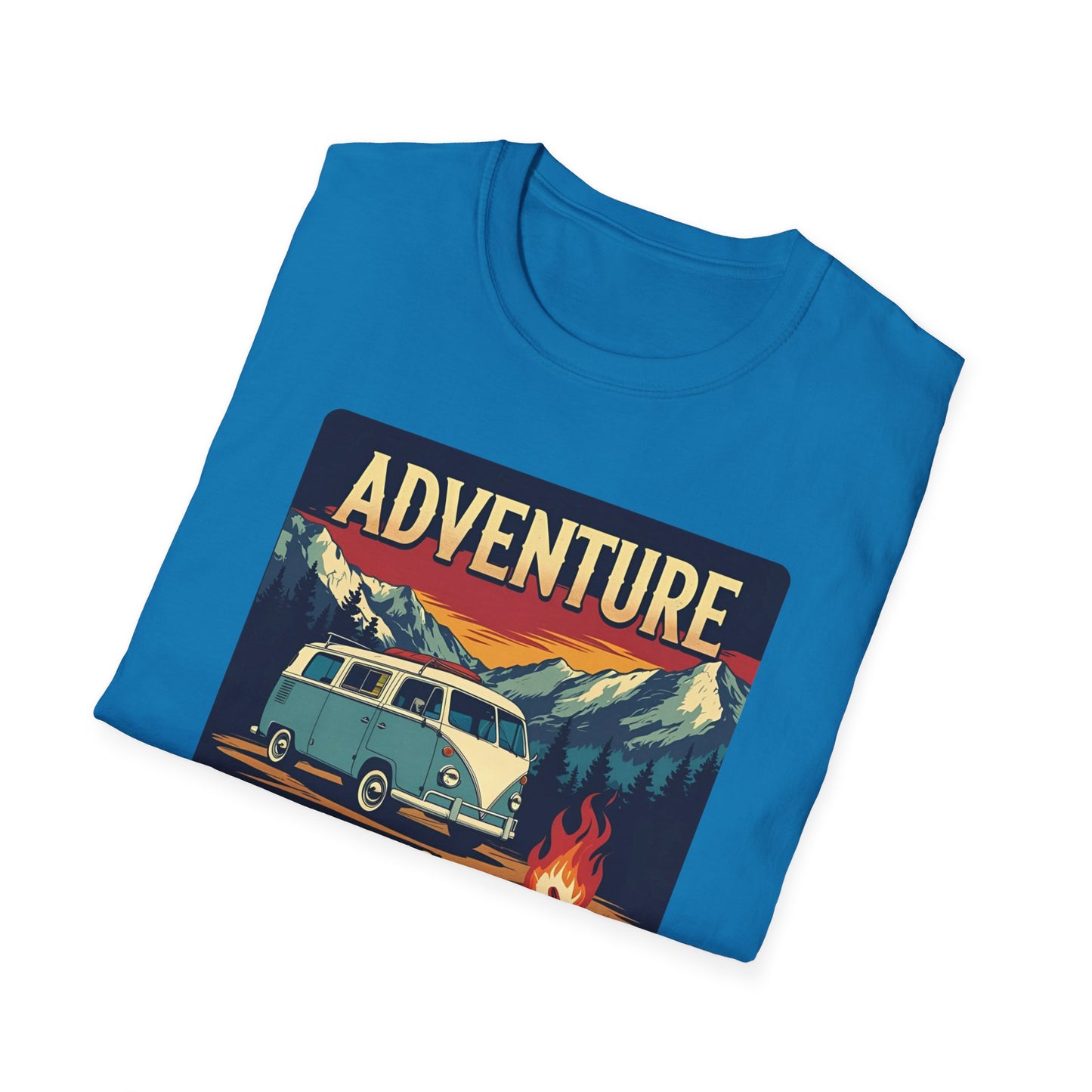 Adventure Awaits - Retro Camper Van Adventure T-Shirt in Sapphire - Folded