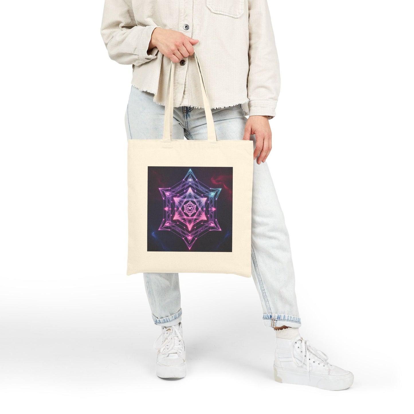 Neon Mandala Art Cotton Canvas Tote Bag in Neutral