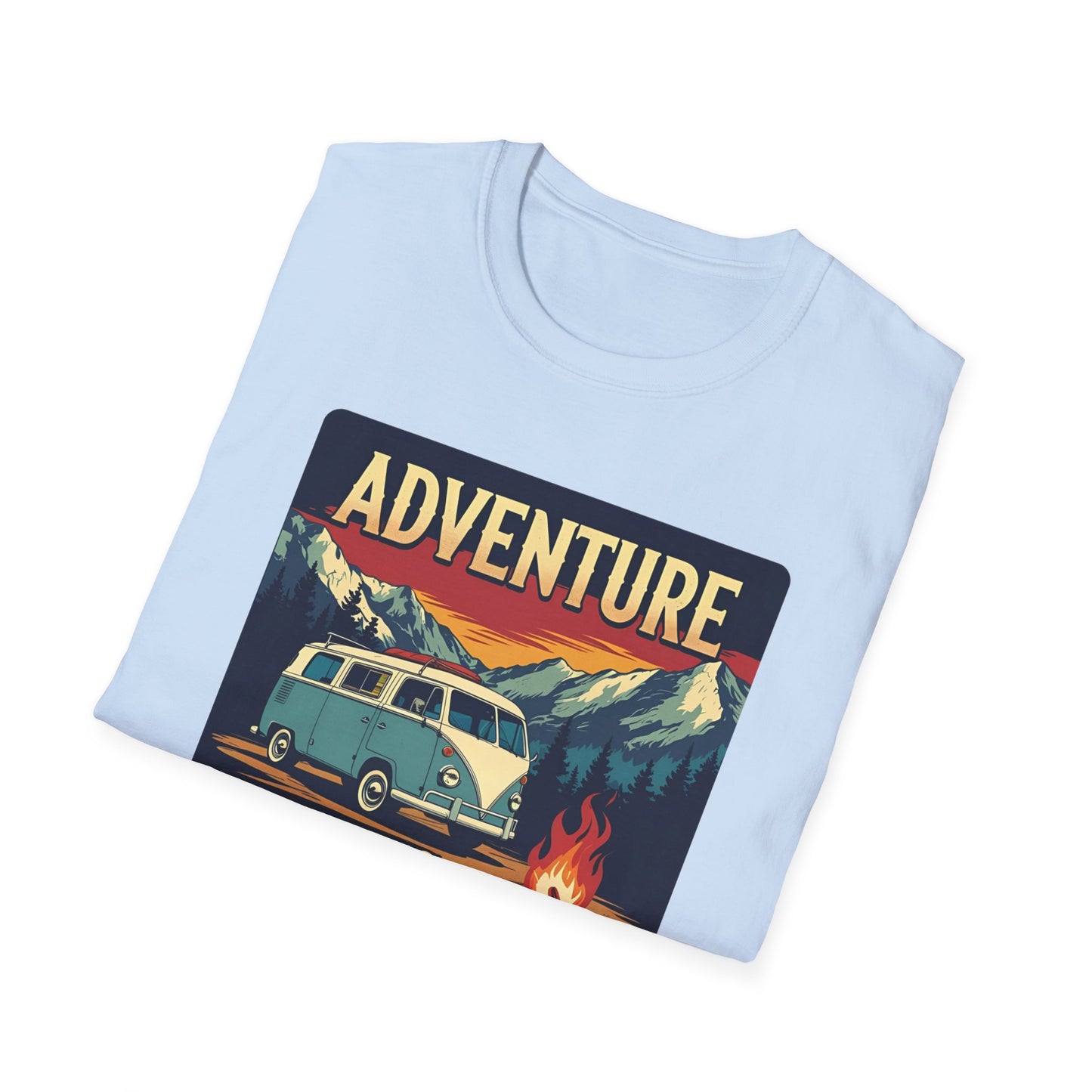 Adventure Awaits - Retro Camper Van Adventure T-Shirt in Light Blue - Folded