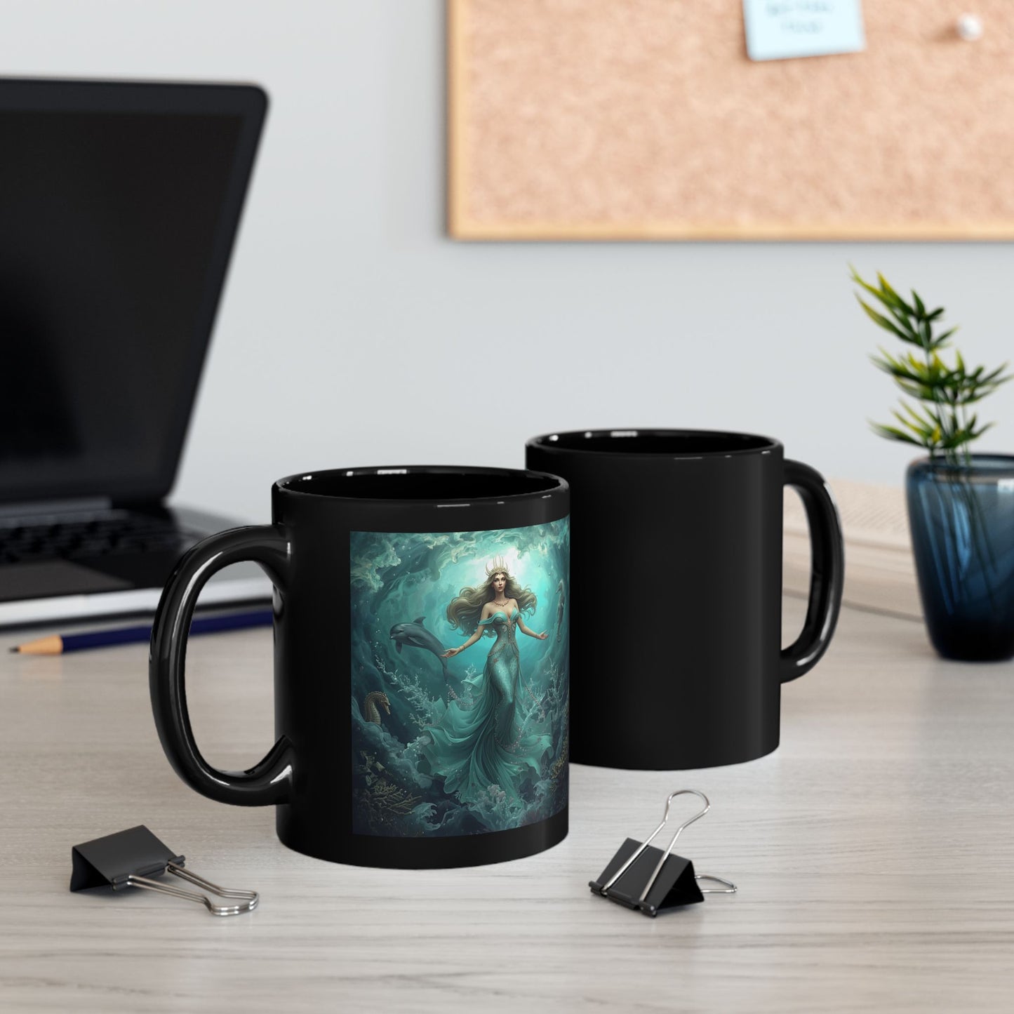 Amphitrite – Queen of the Sea - two mugs with front and back view - black mug with Amphitrite image